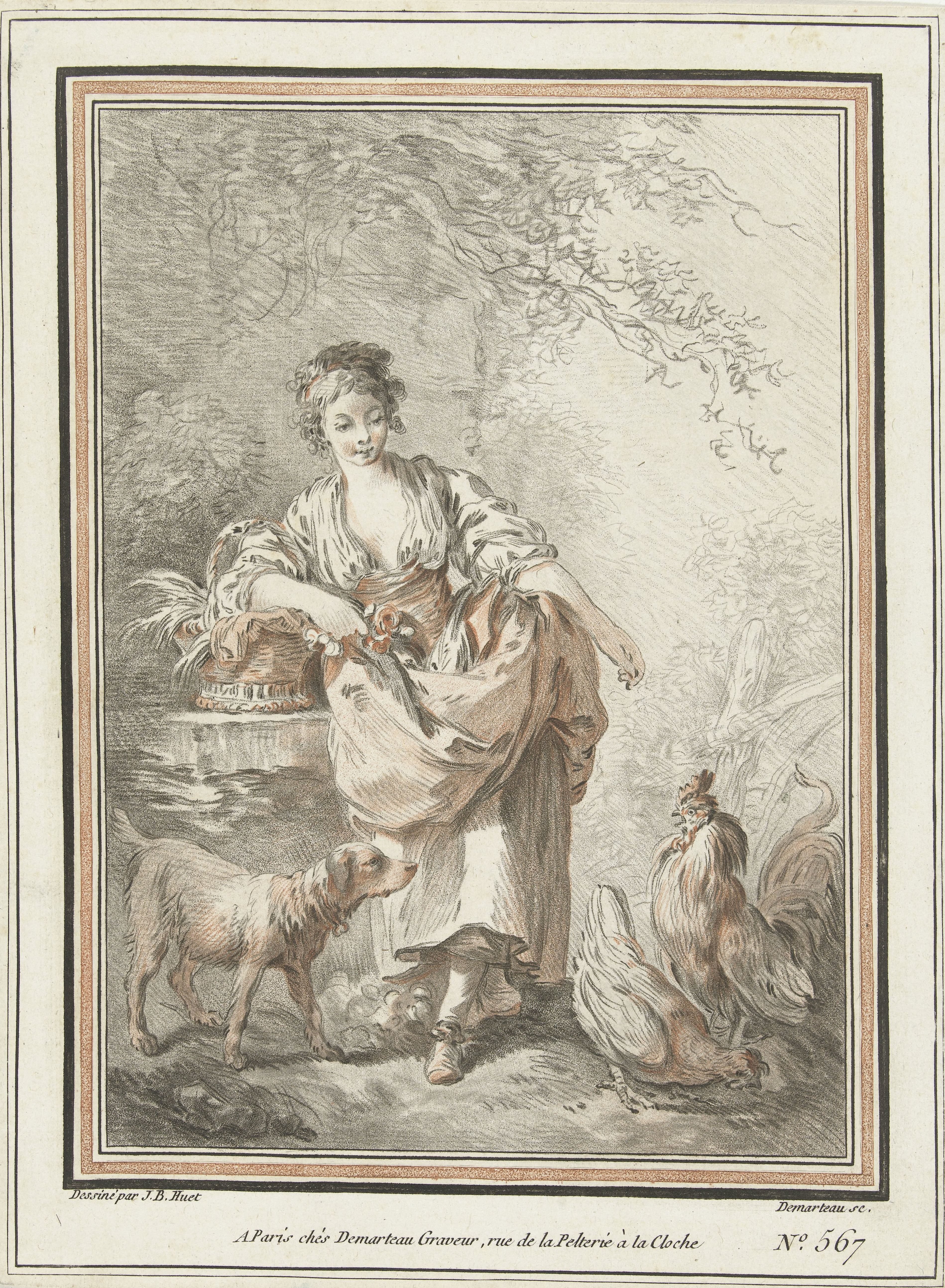 Jonge vrouw met hond en haan en hen
