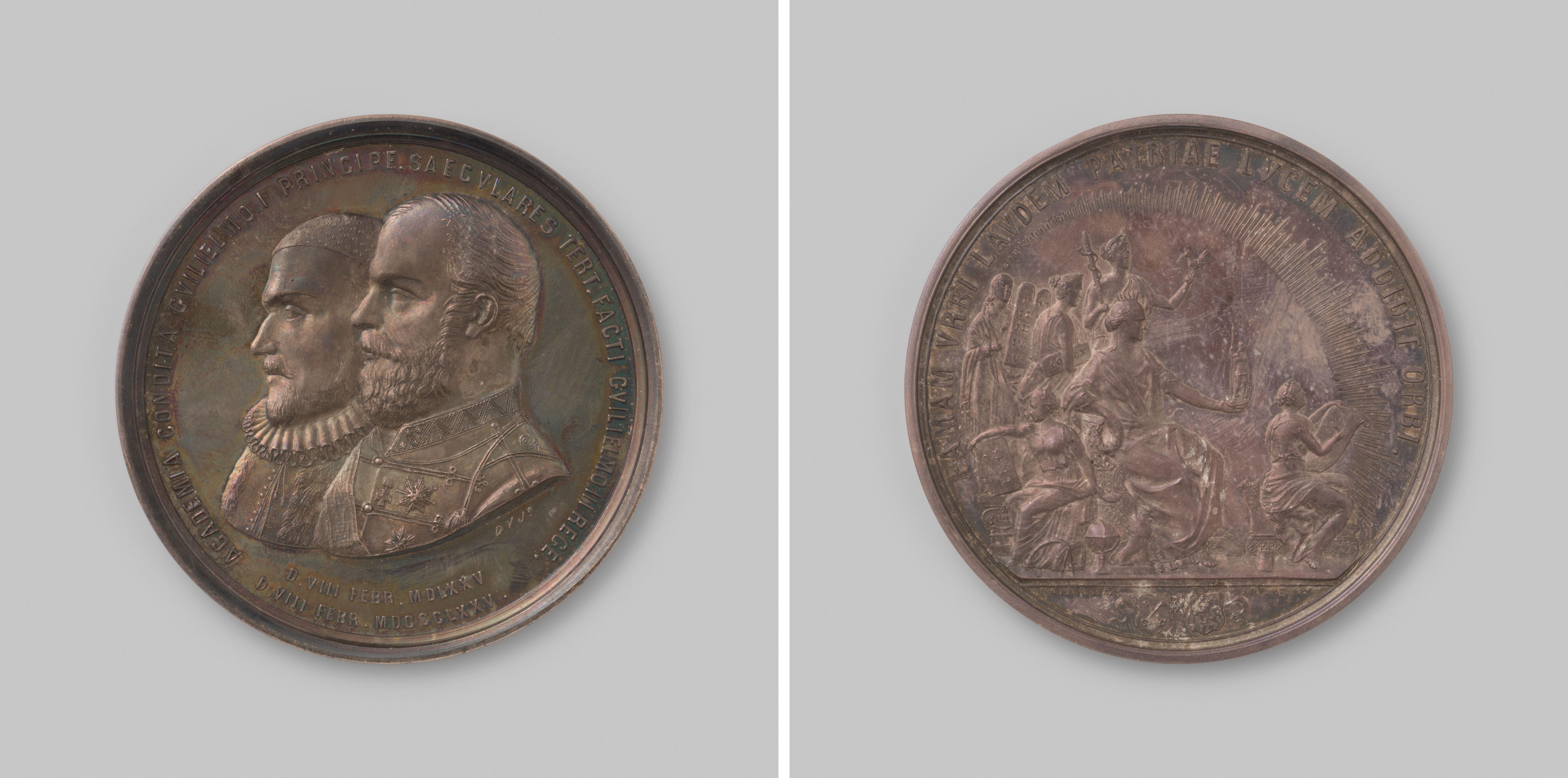 Driehonderdjarig bestaan van de universiteit van Leiden, ter ere van Willem I, prins van Oranje-Nassau en Willem III, koning der Nederlanden