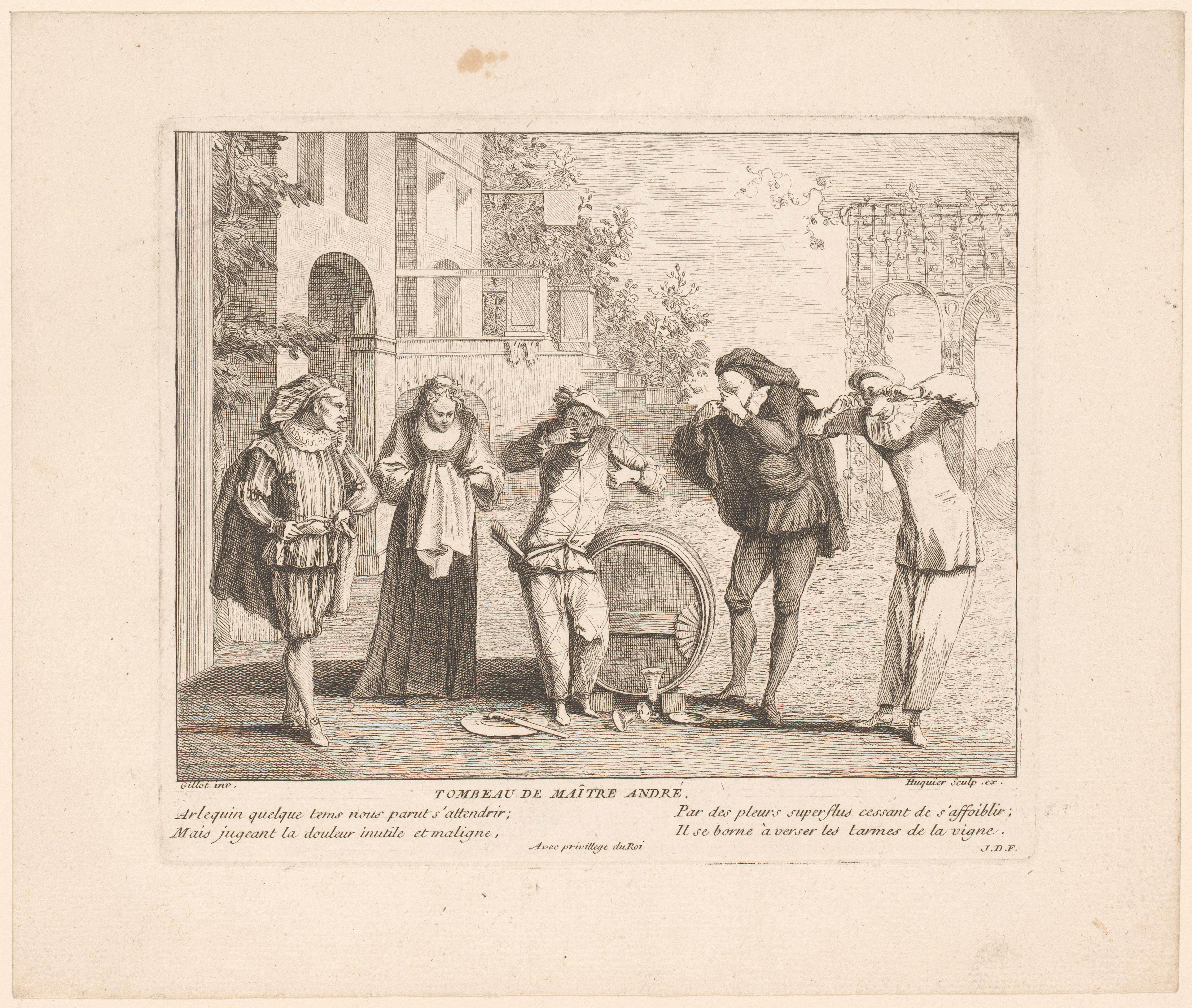 Scène met figuren uit de Commedia dell'arte met Harlekijn bij een wijnvat