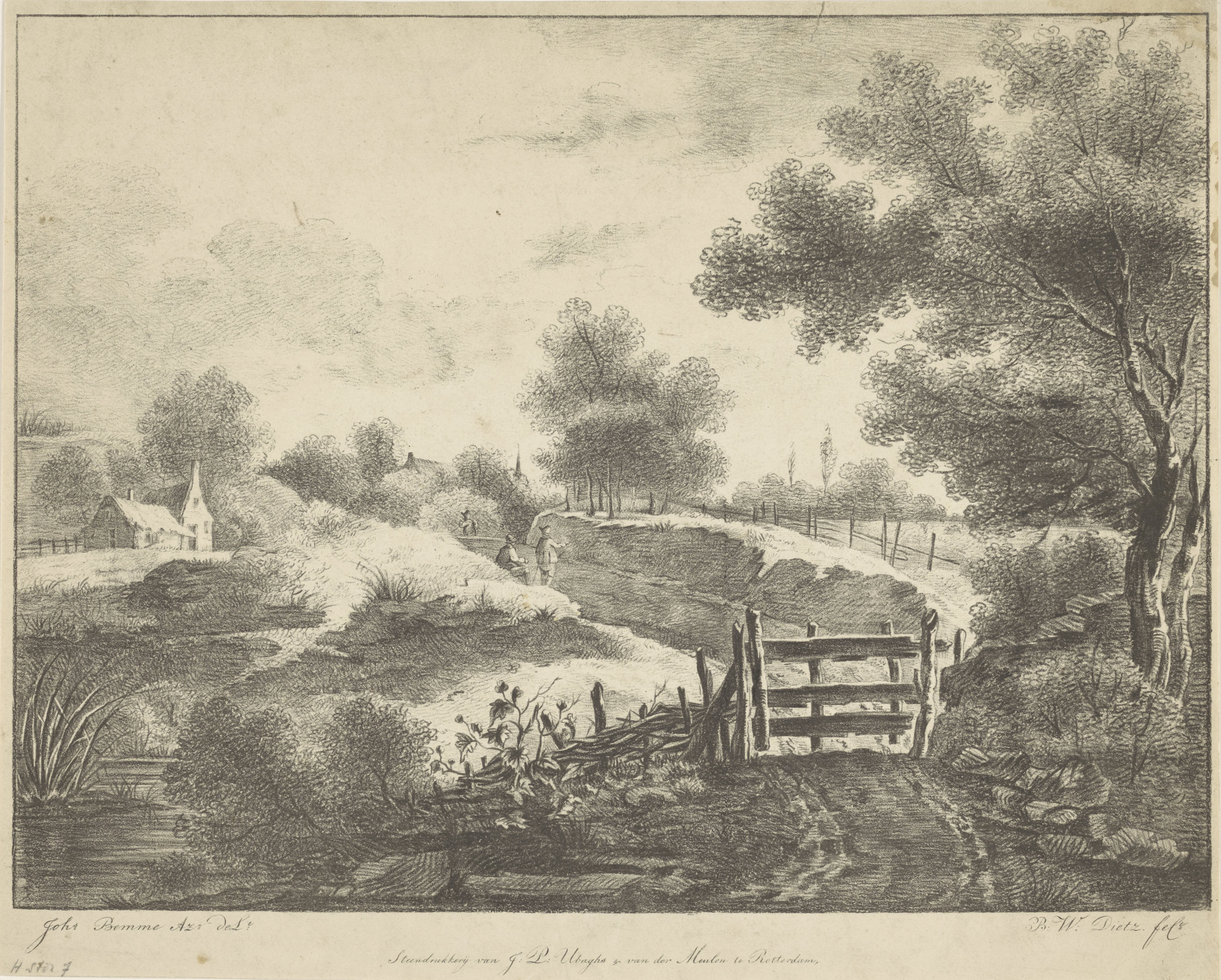 Landschap met huizen, beek en pad