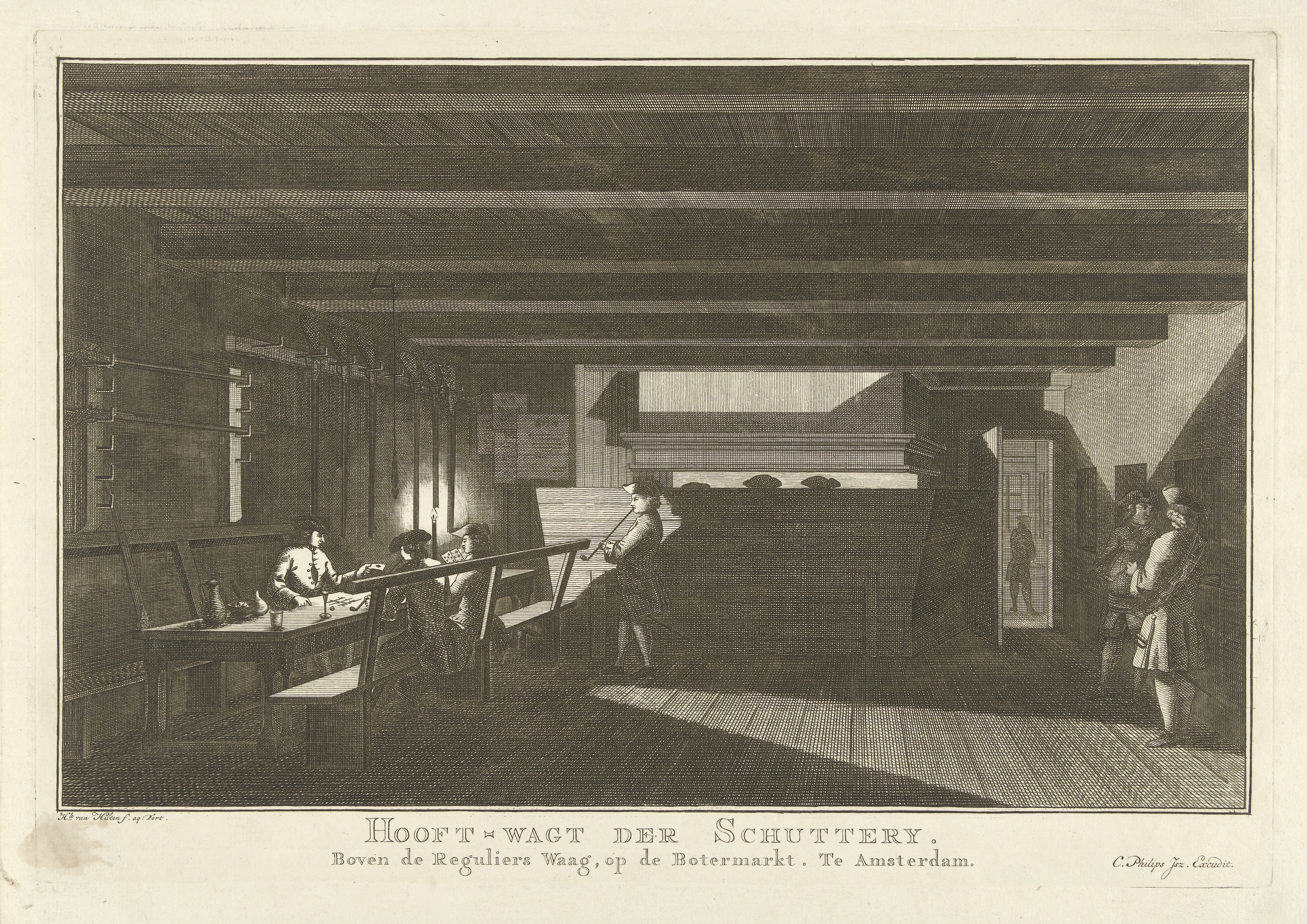 Interieur van de hoofdwacht van de schutterij op de Botermarkt te Amsterdam bij nacht