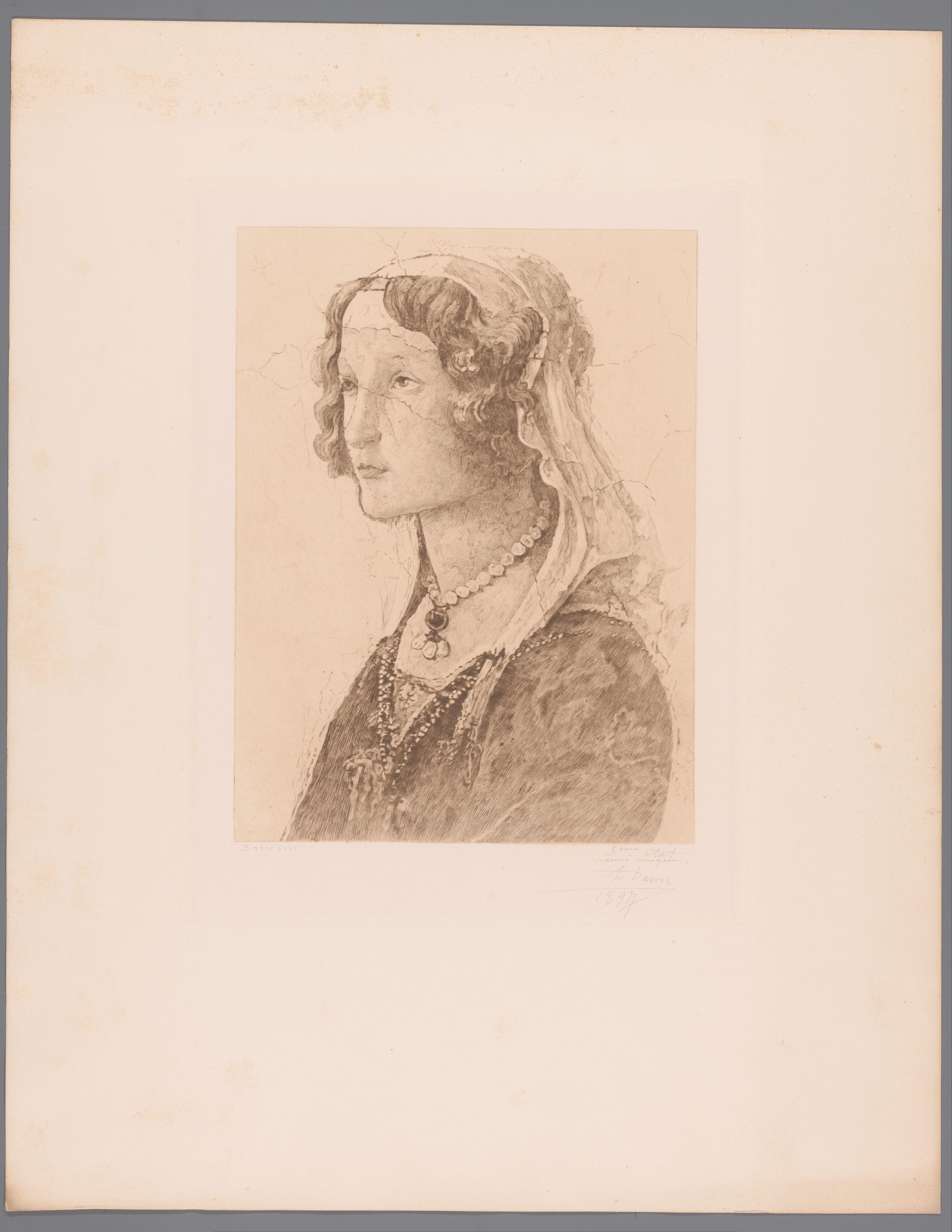 Detail uit een fresco van Botticelli, gezicht van een jonge vrouw