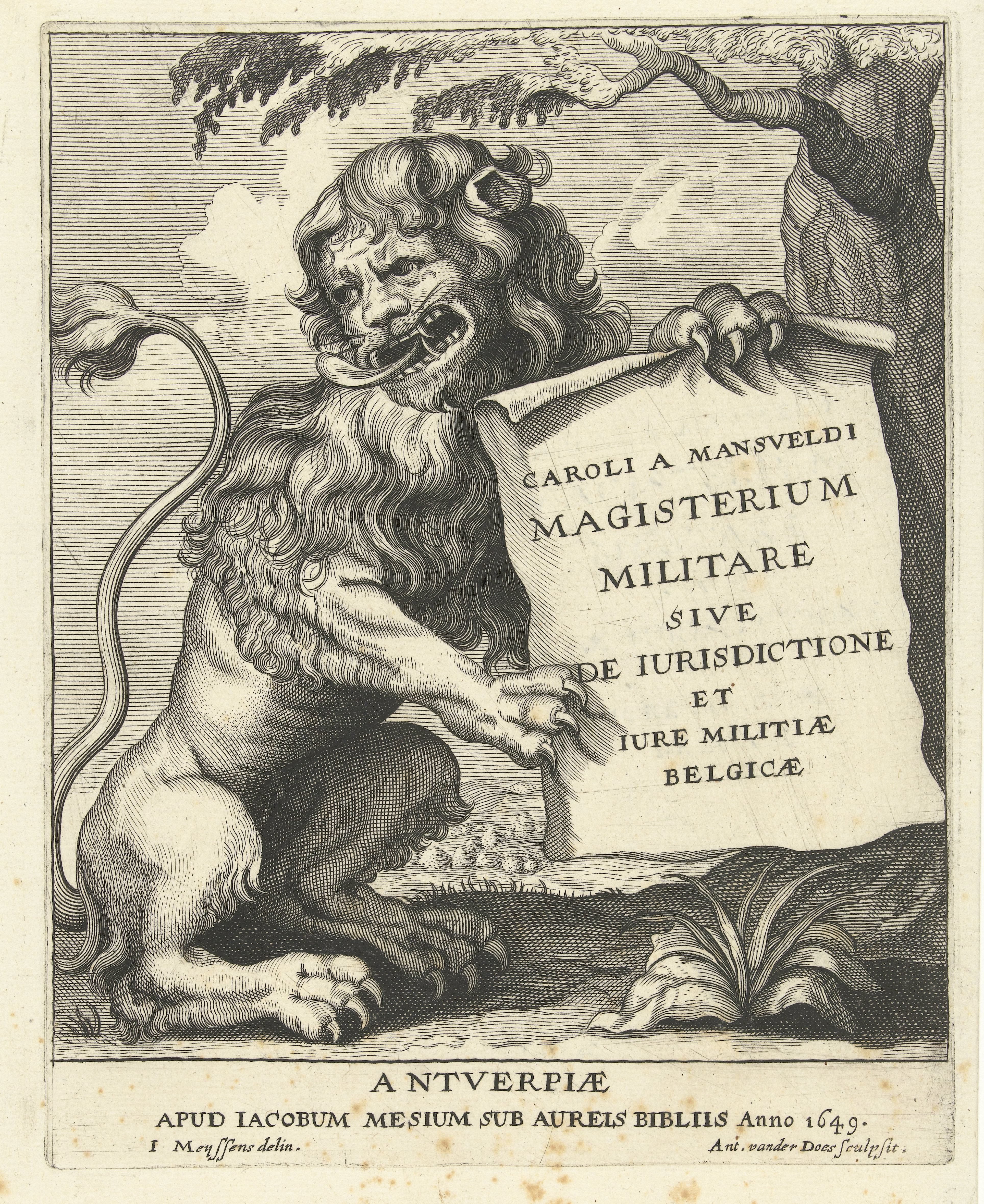 Zittende leeuw met blad papier met titel in zijn klauwen