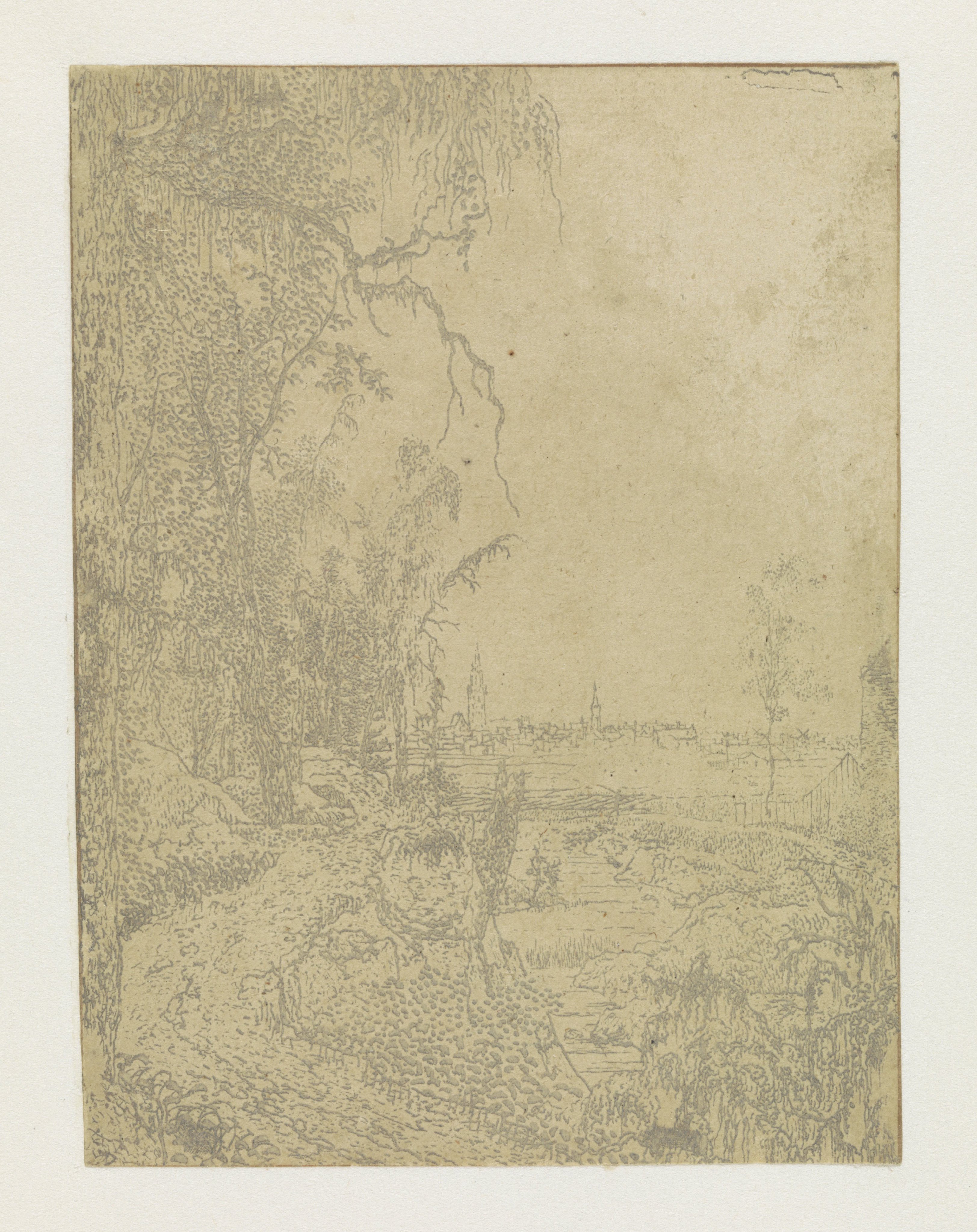 A Road Bordered by Trees, a City in the Background
