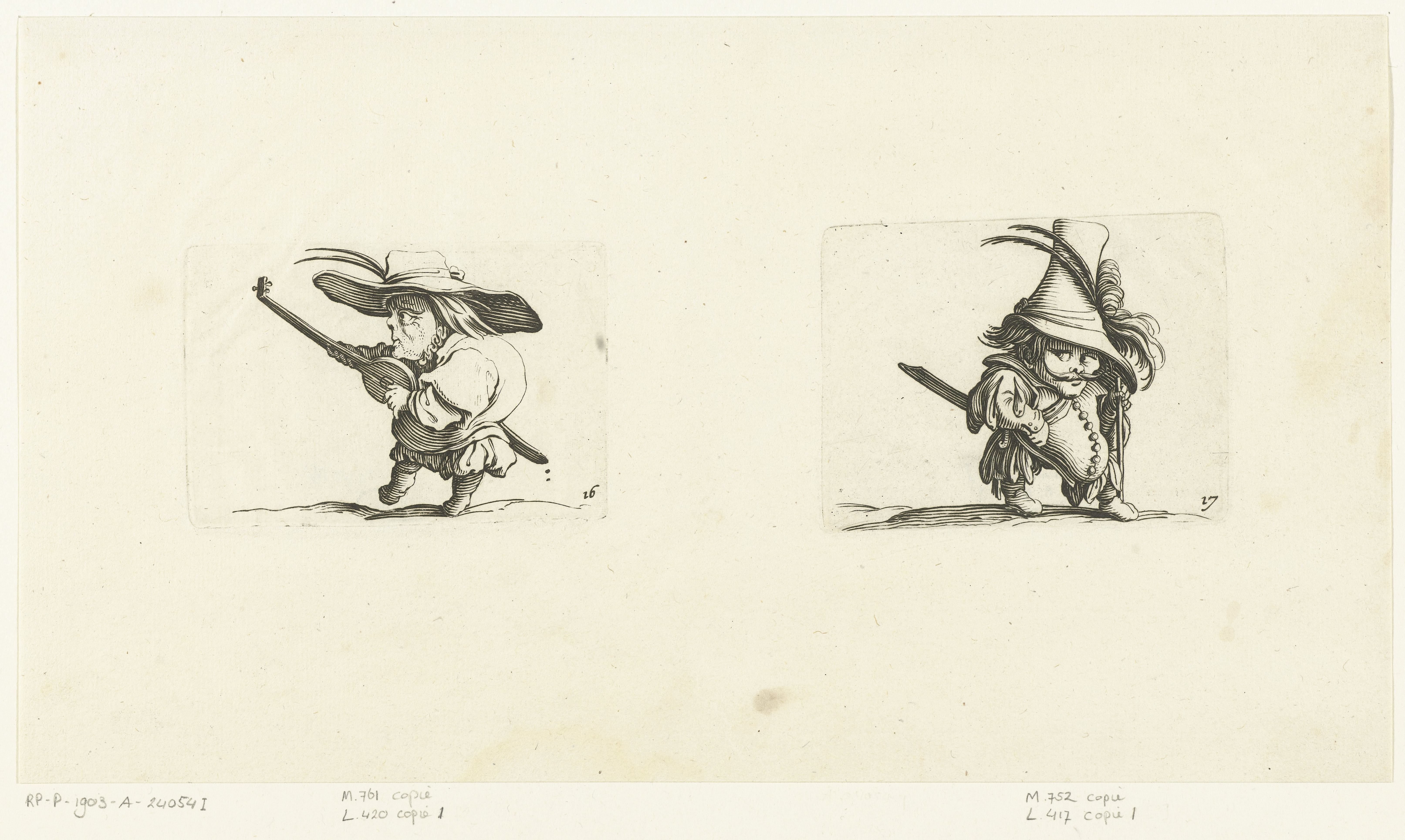 Kleine mens (karikatuur) met luit en zwaard; kleine mens (karikatuur) met zwaard en wandelstok