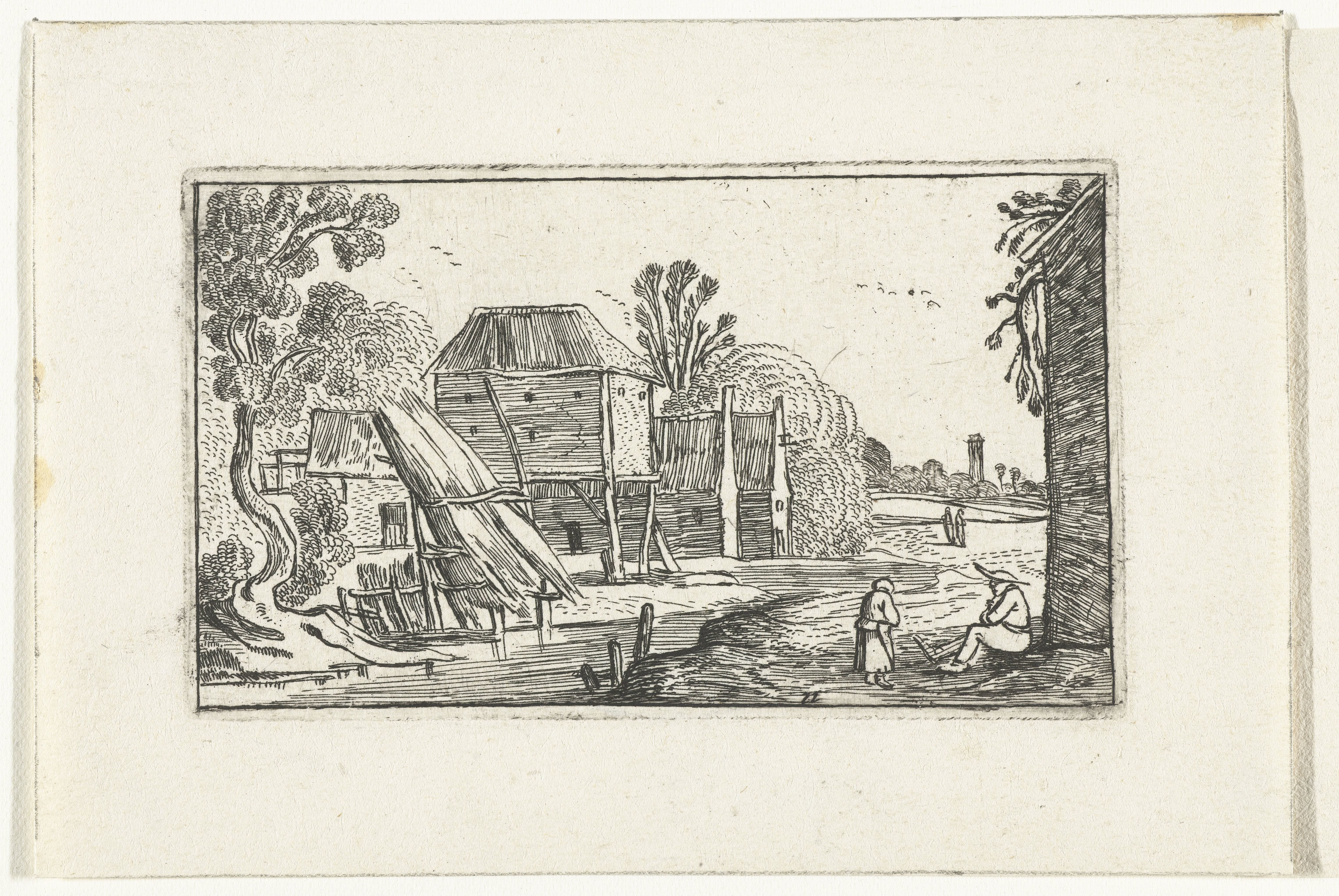 Landschap met boerderij en schuur op palen bij een water
