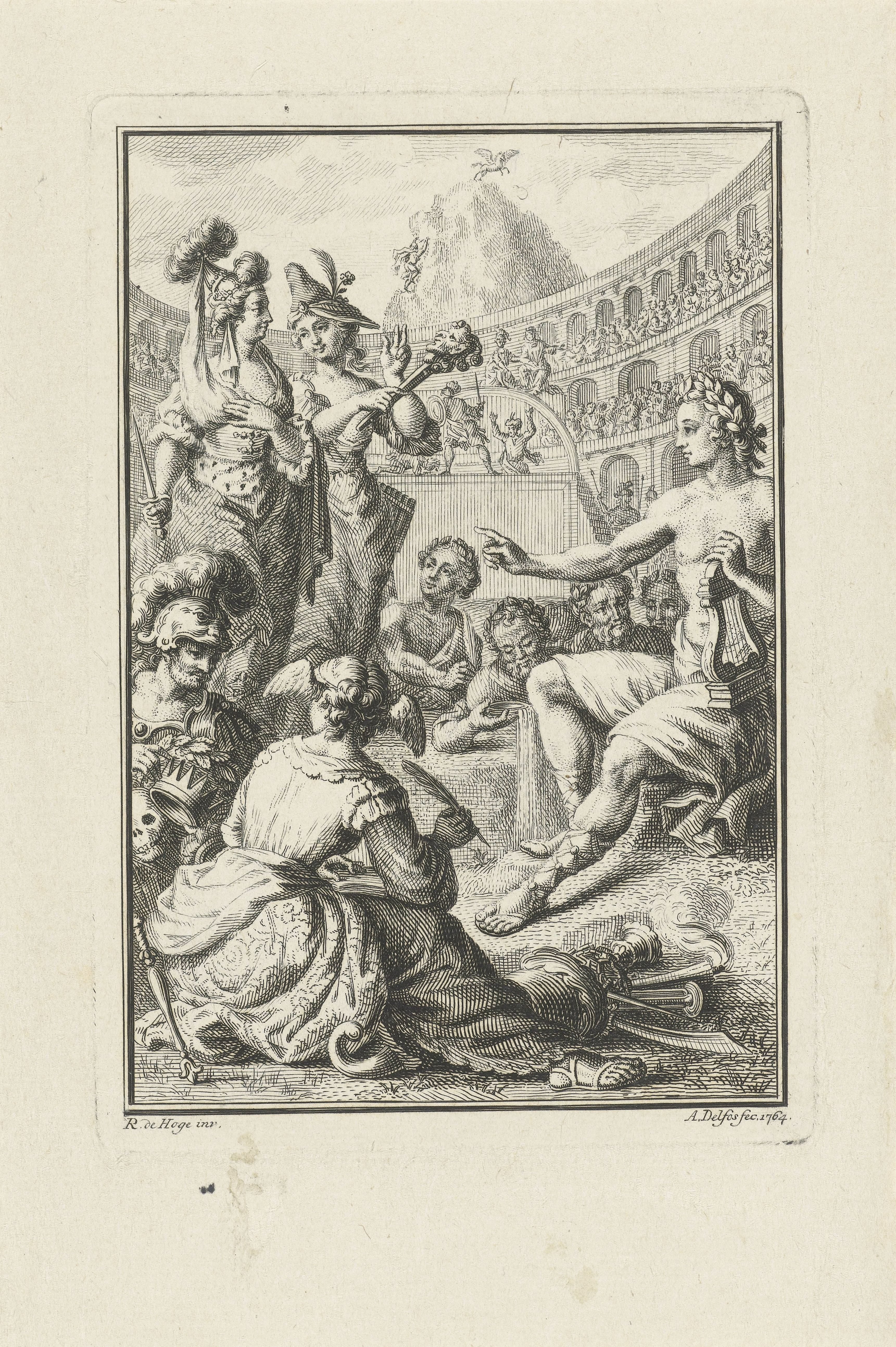 Allegorie met Apollo, muzen en kunstenaars in amfitheater