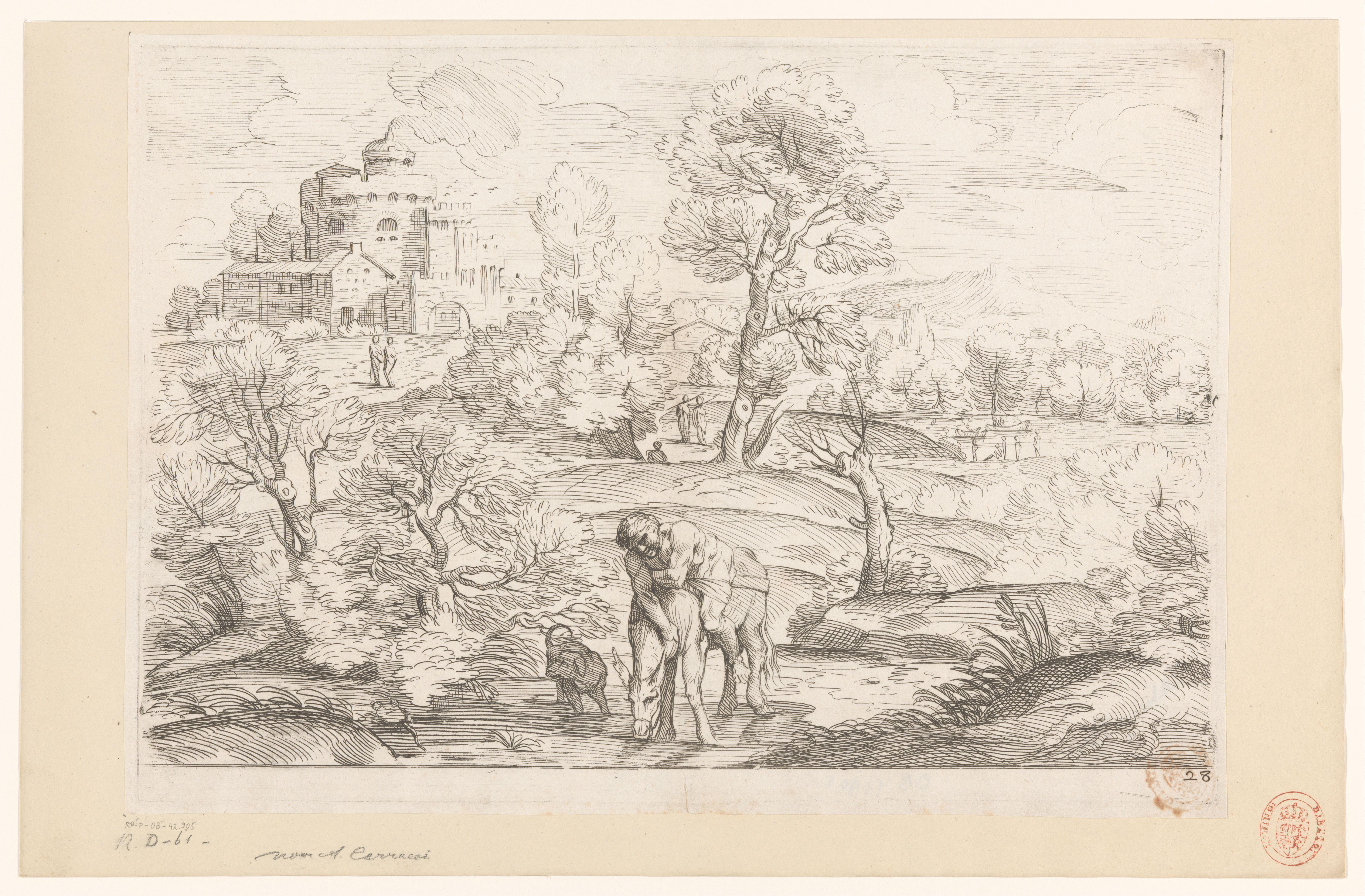 Landschap met man op drinkende ezel