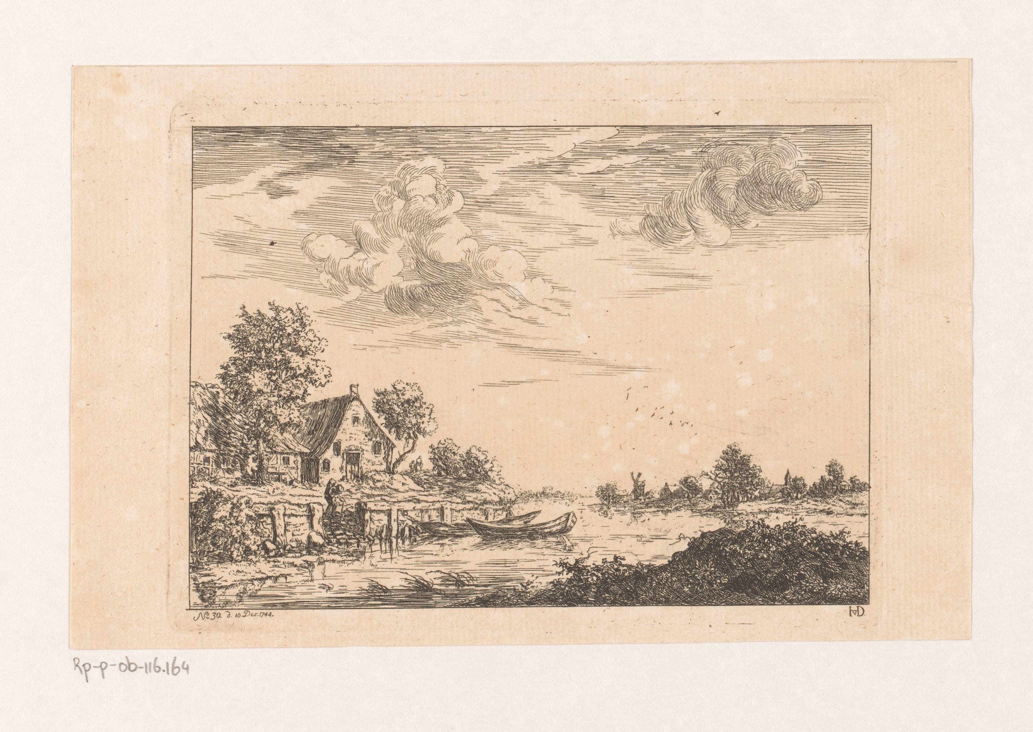 Rivierlandschap met dorp en twee aangemeerde boten