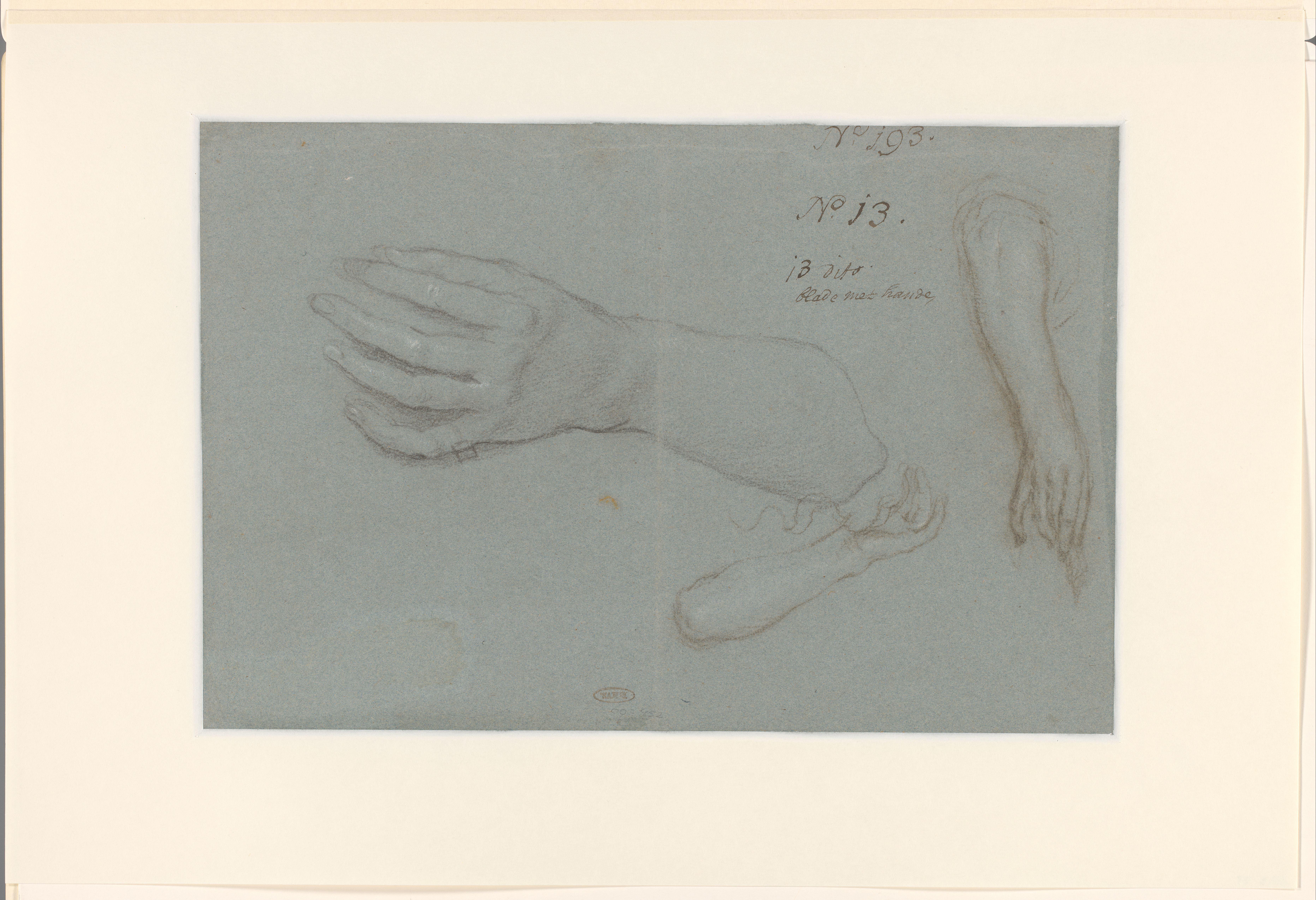 Een grote en twee kleine studies van een hand met onderarm