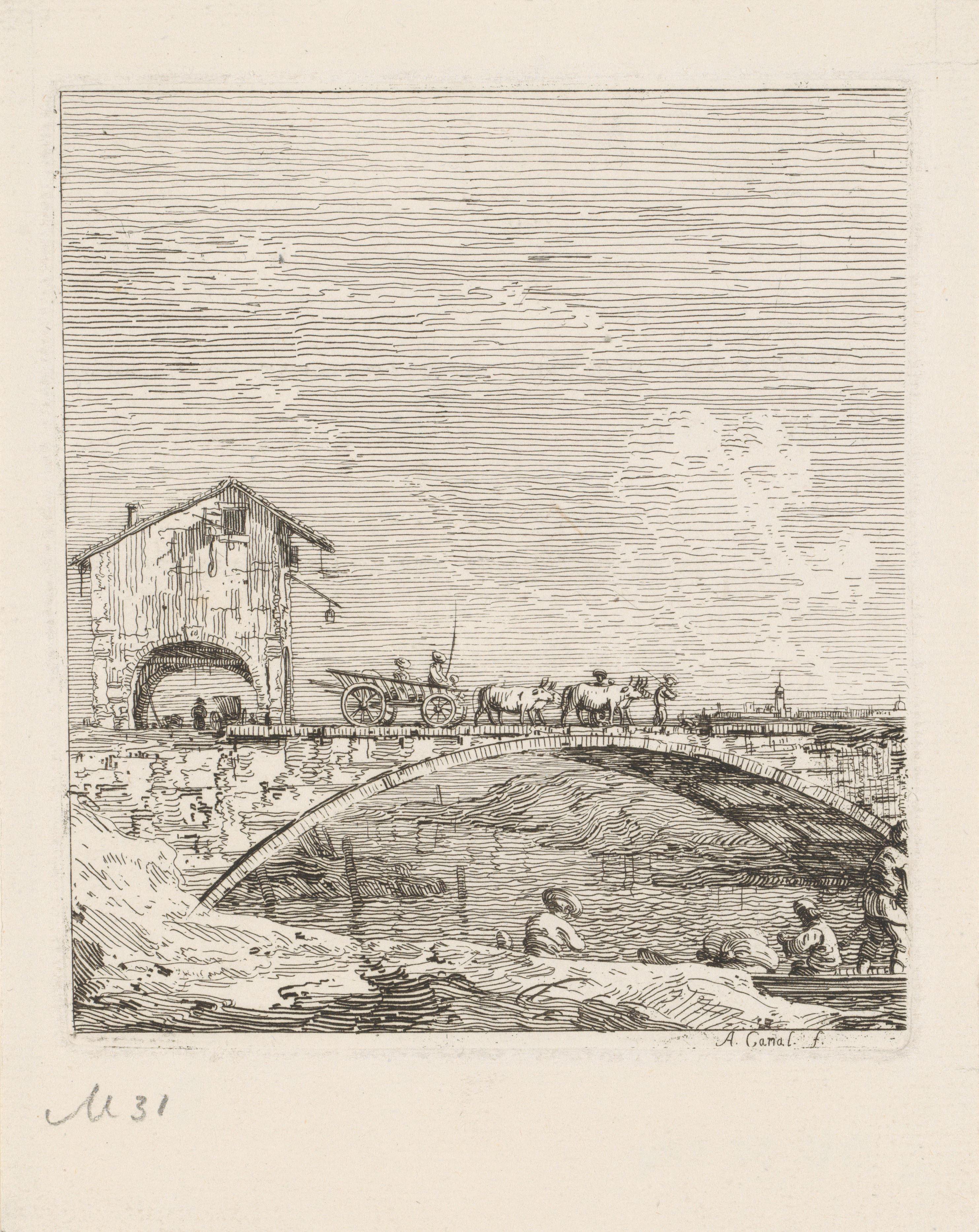 Landschap met wagen op brug