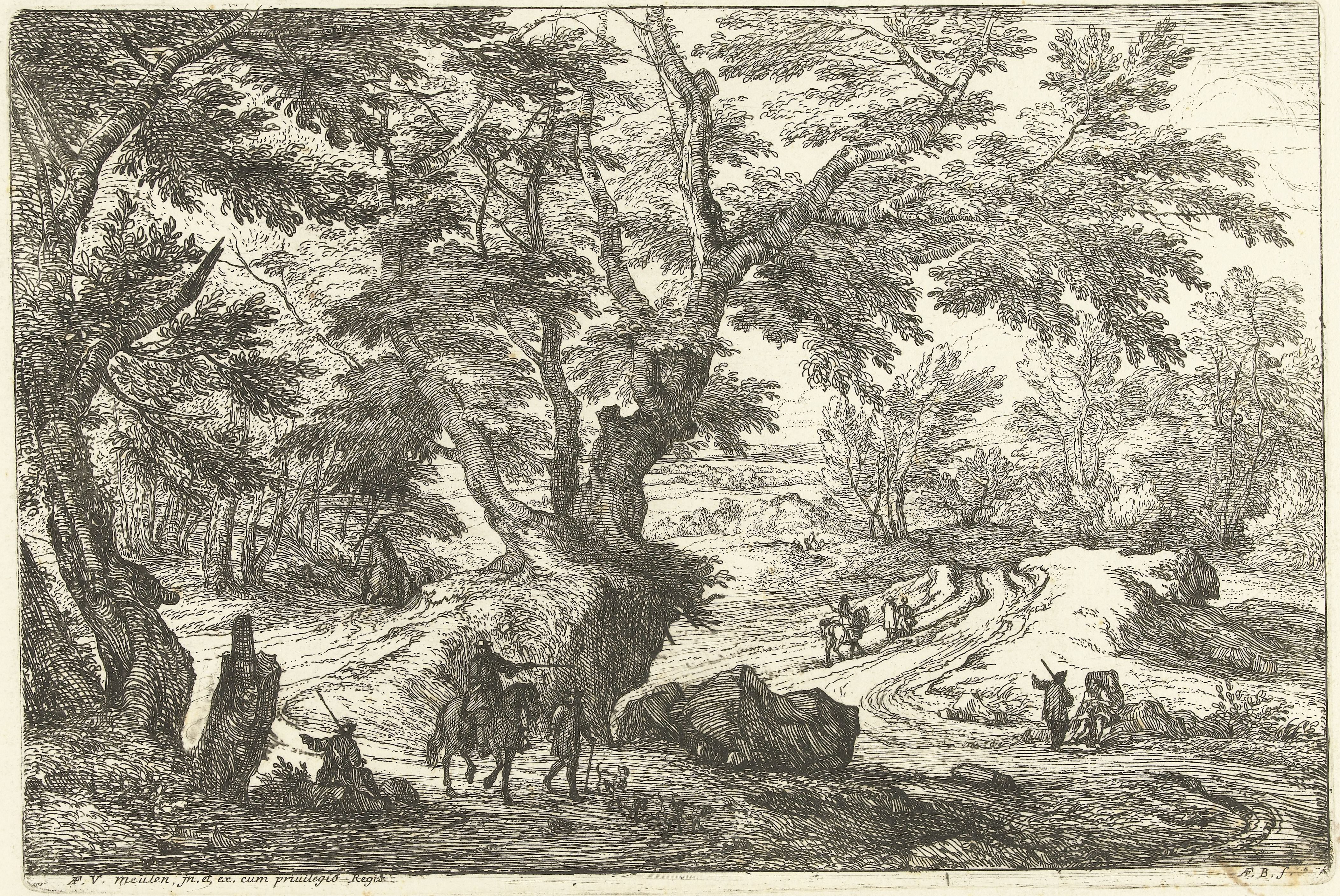 Landschap met ruiters en wandelaars op een weg