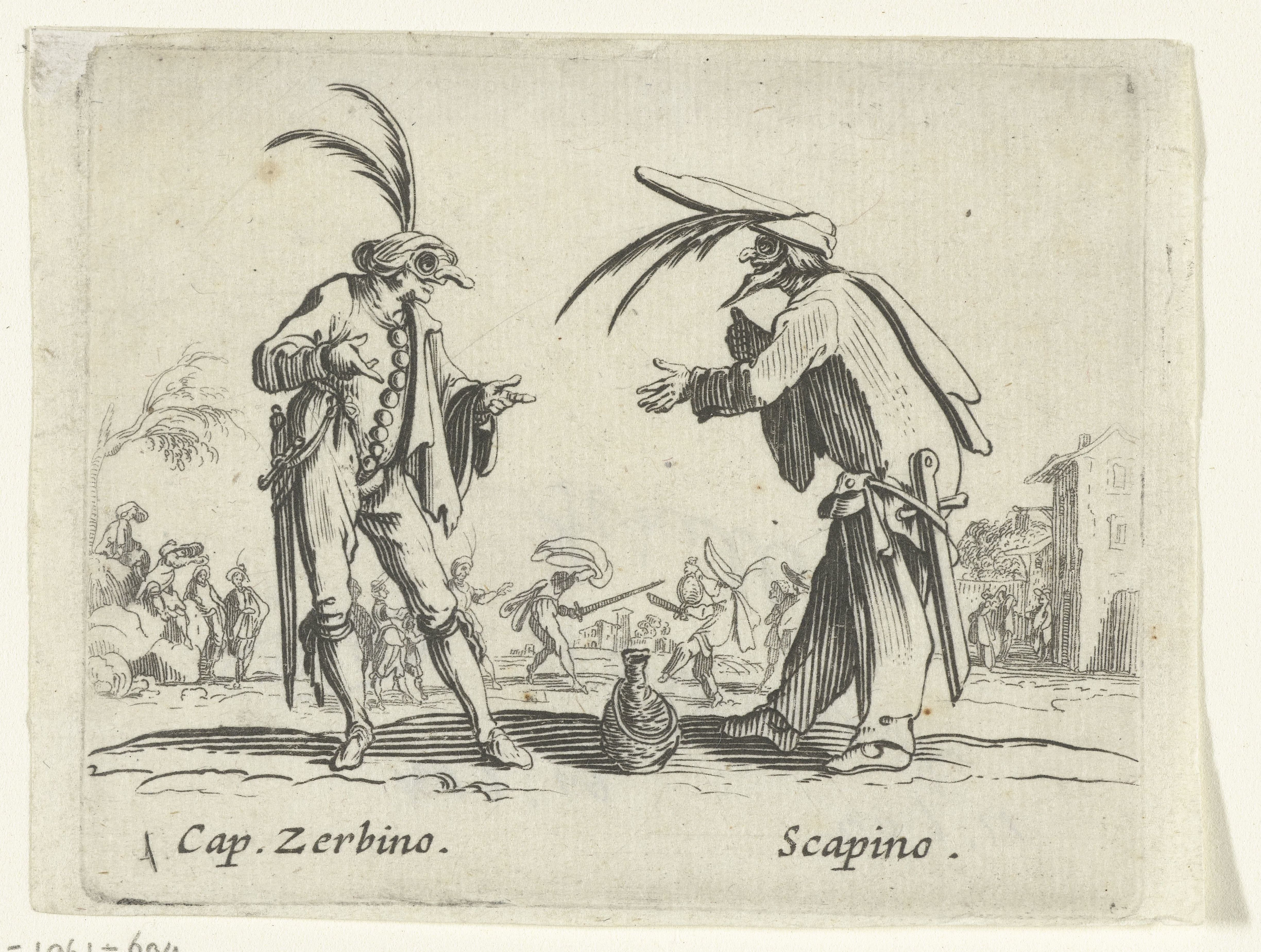 Twee straatartiesten als Capitano Zerbino en Scapino