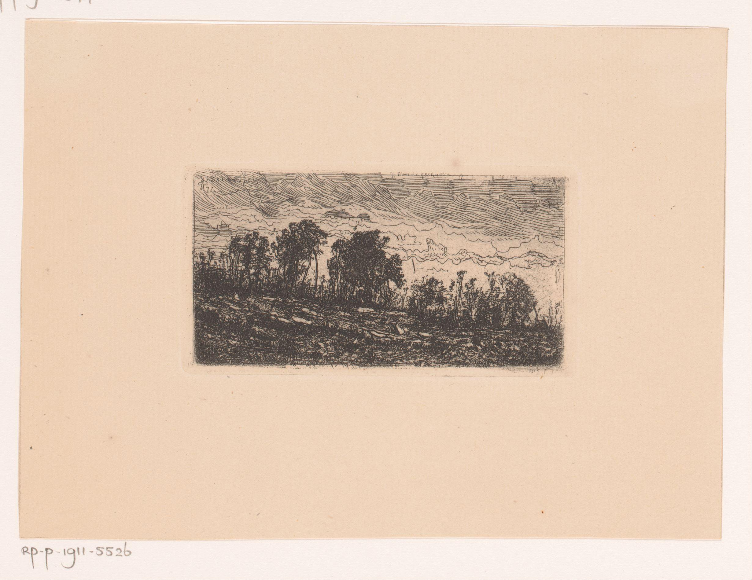 Landschap met bomenrij bij avond