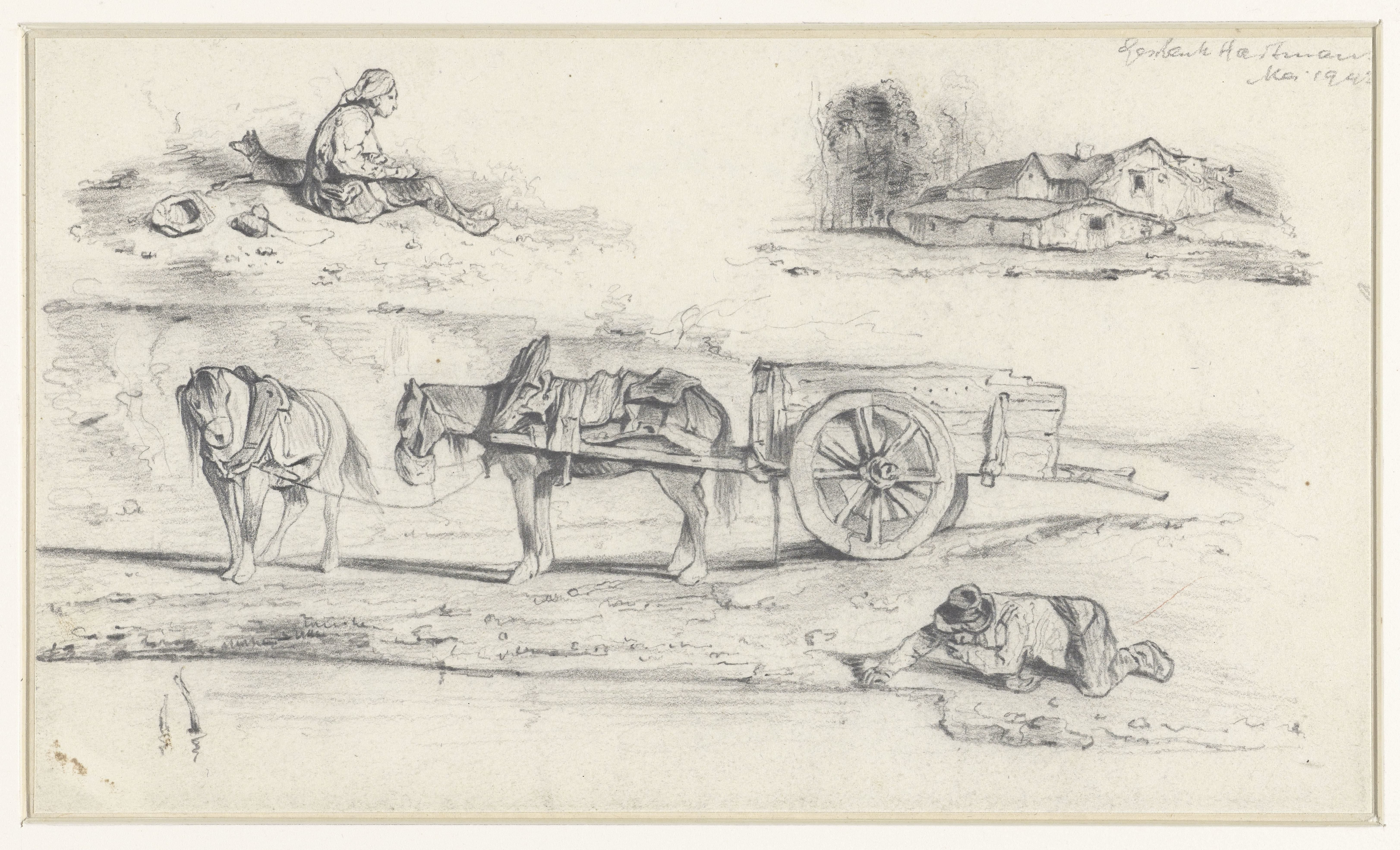 Studieblad met voorstelling van een schelpenvisser, geknield liggend aan de oeverrand