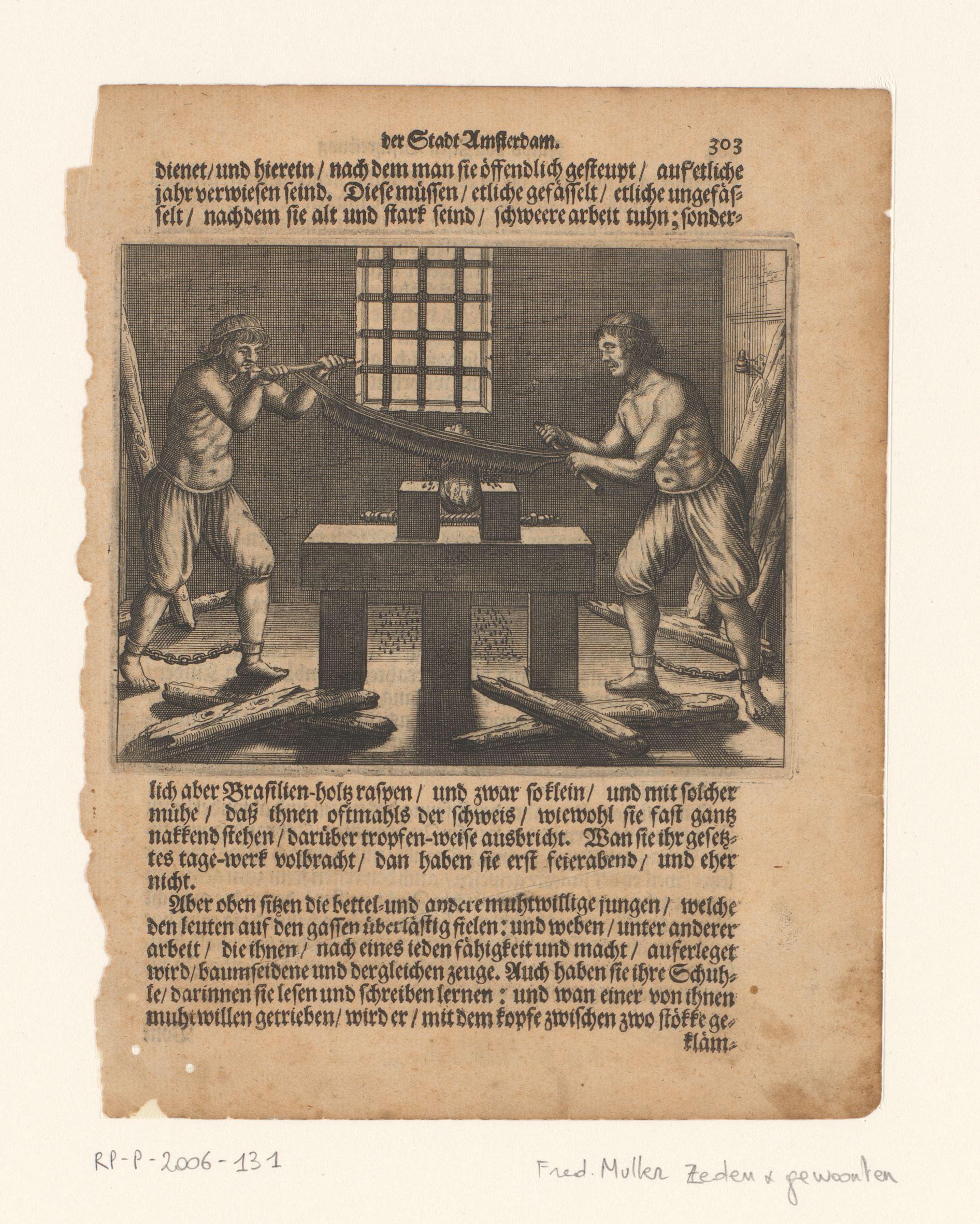Twee gevangenen aan het werk in het rasphuis