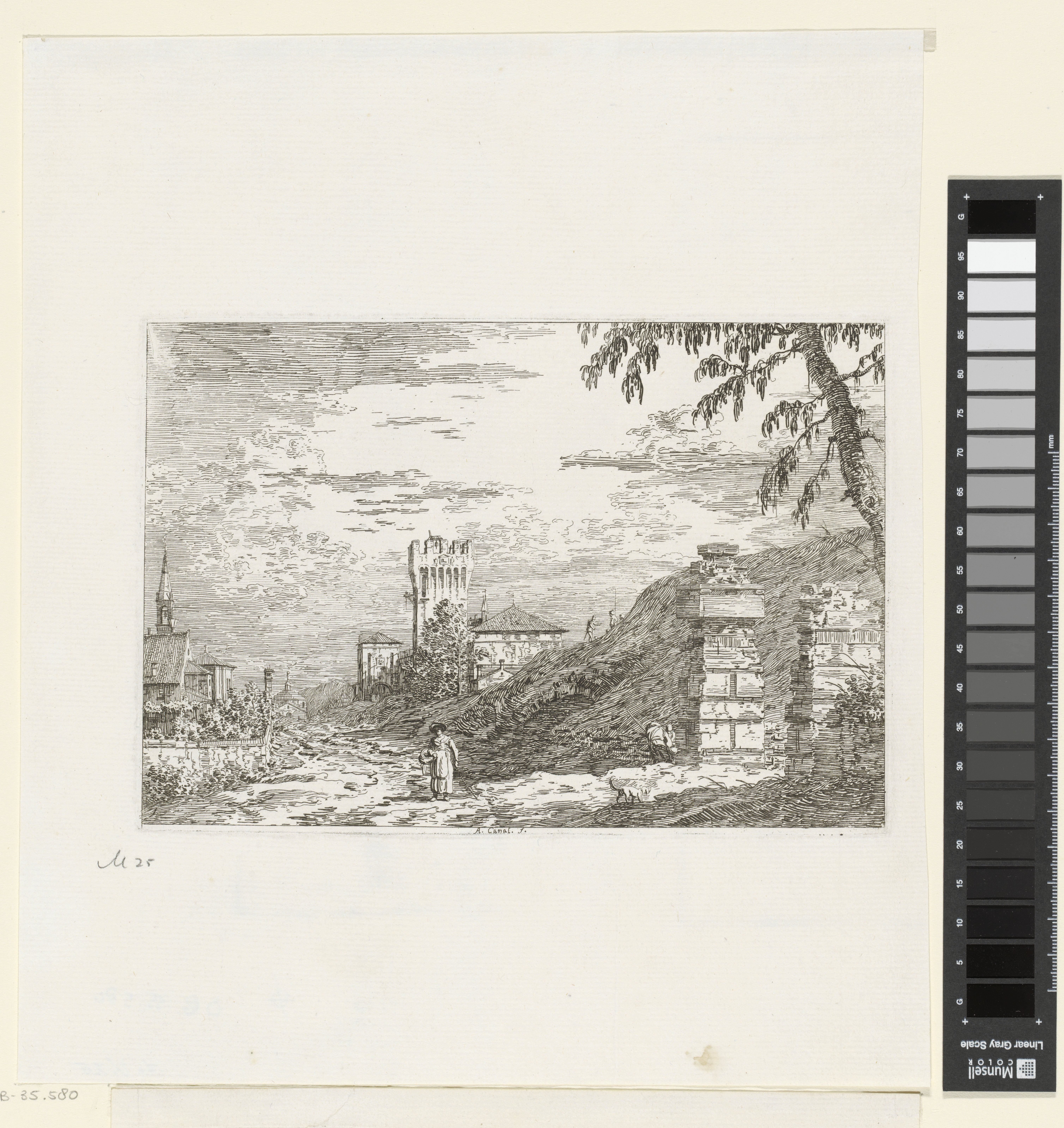 Landschap met toren en twee resten van pijlers