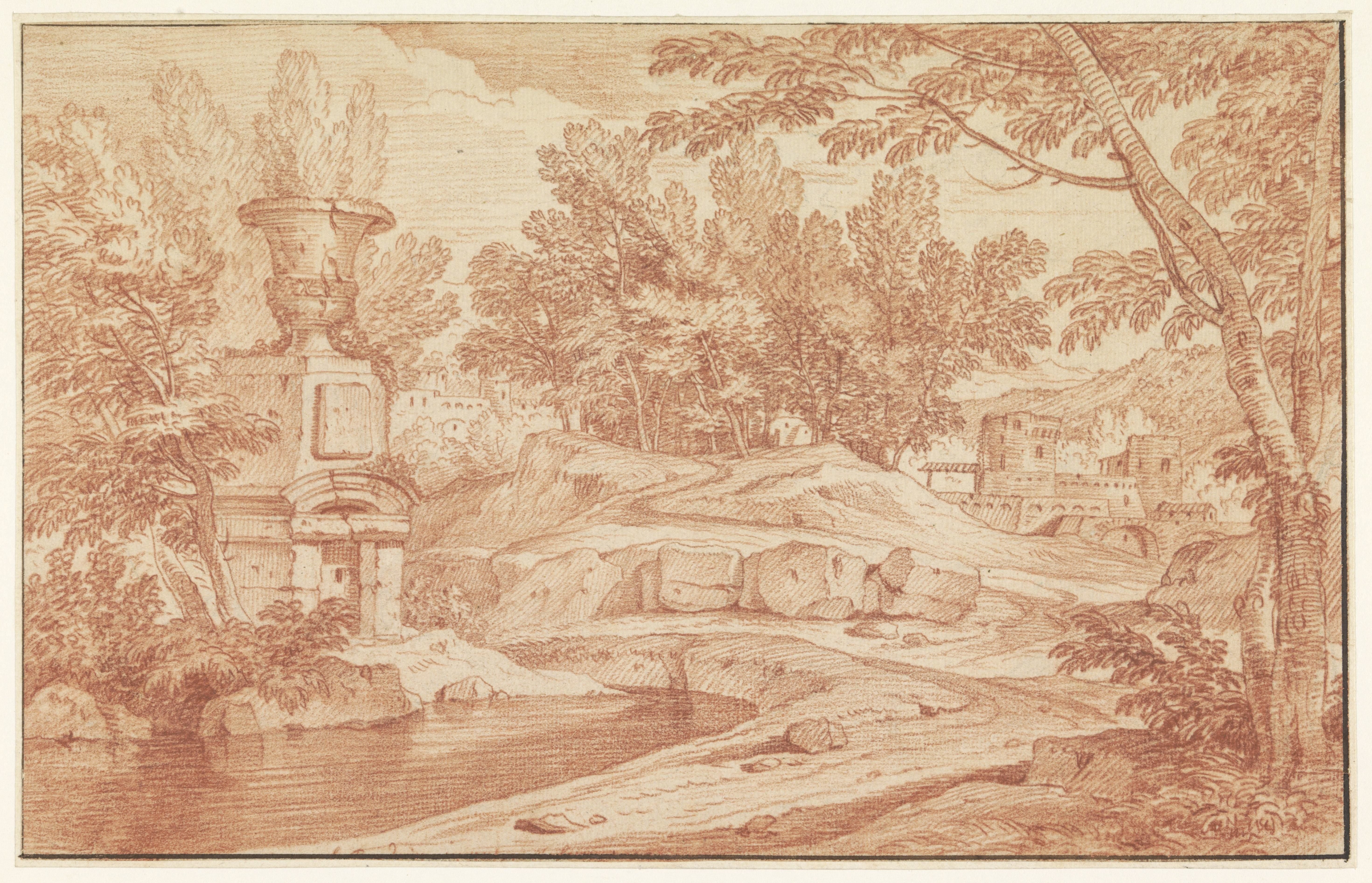 Landschap met monumentale vaas en enkele gebouwen