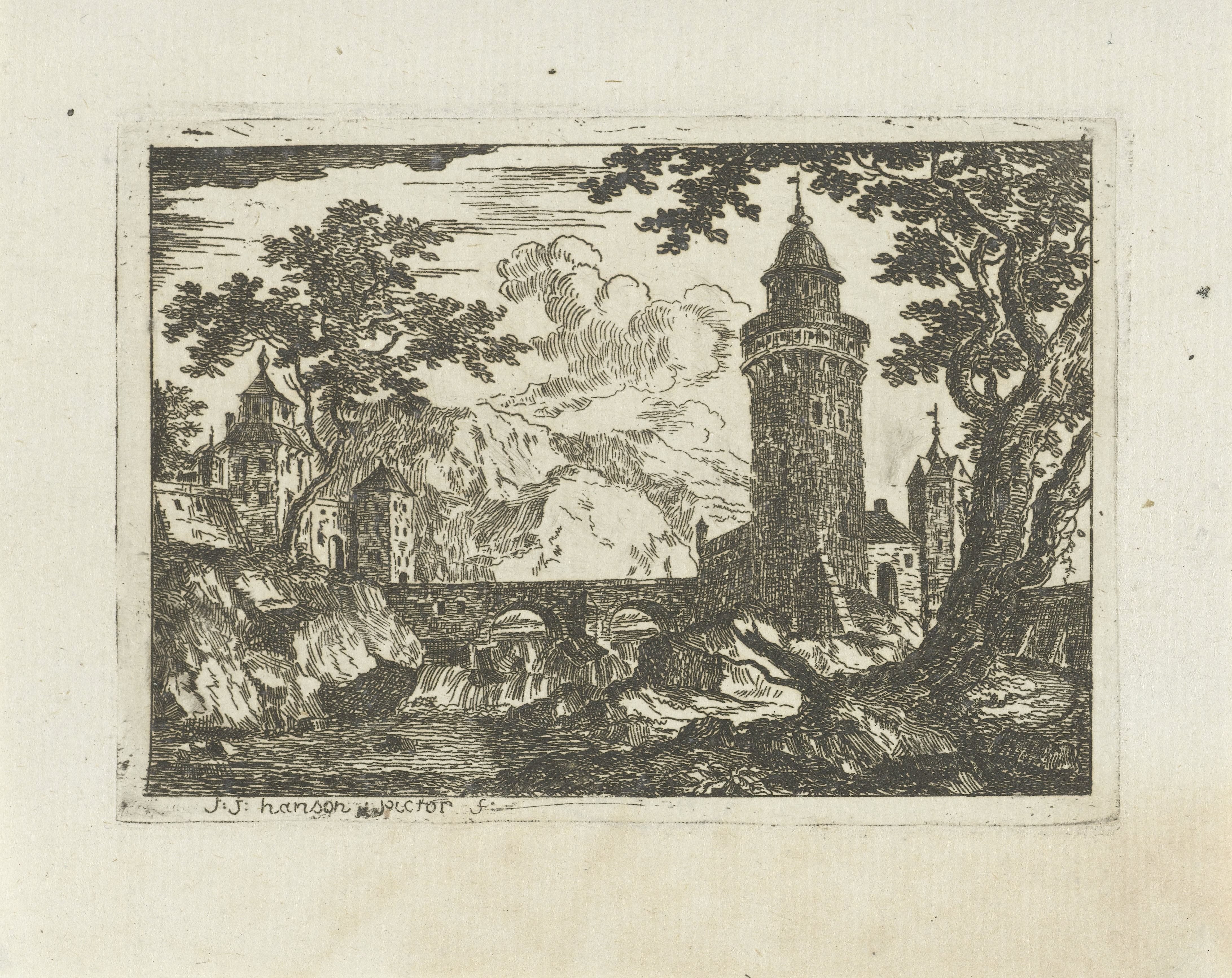 Toren en stenen brug in een berglandschap