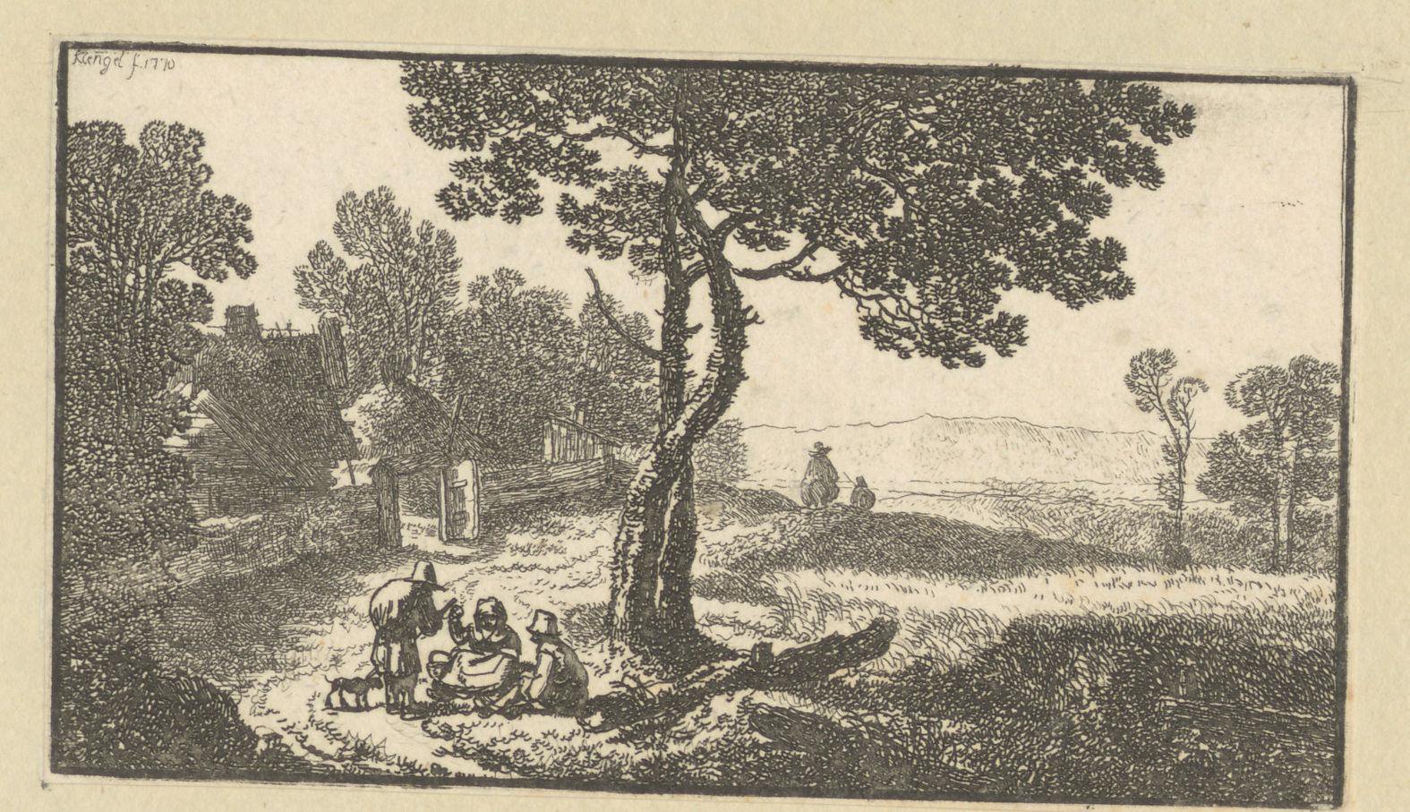 Landschap met reizigers onder een boom aan de rand van dorp