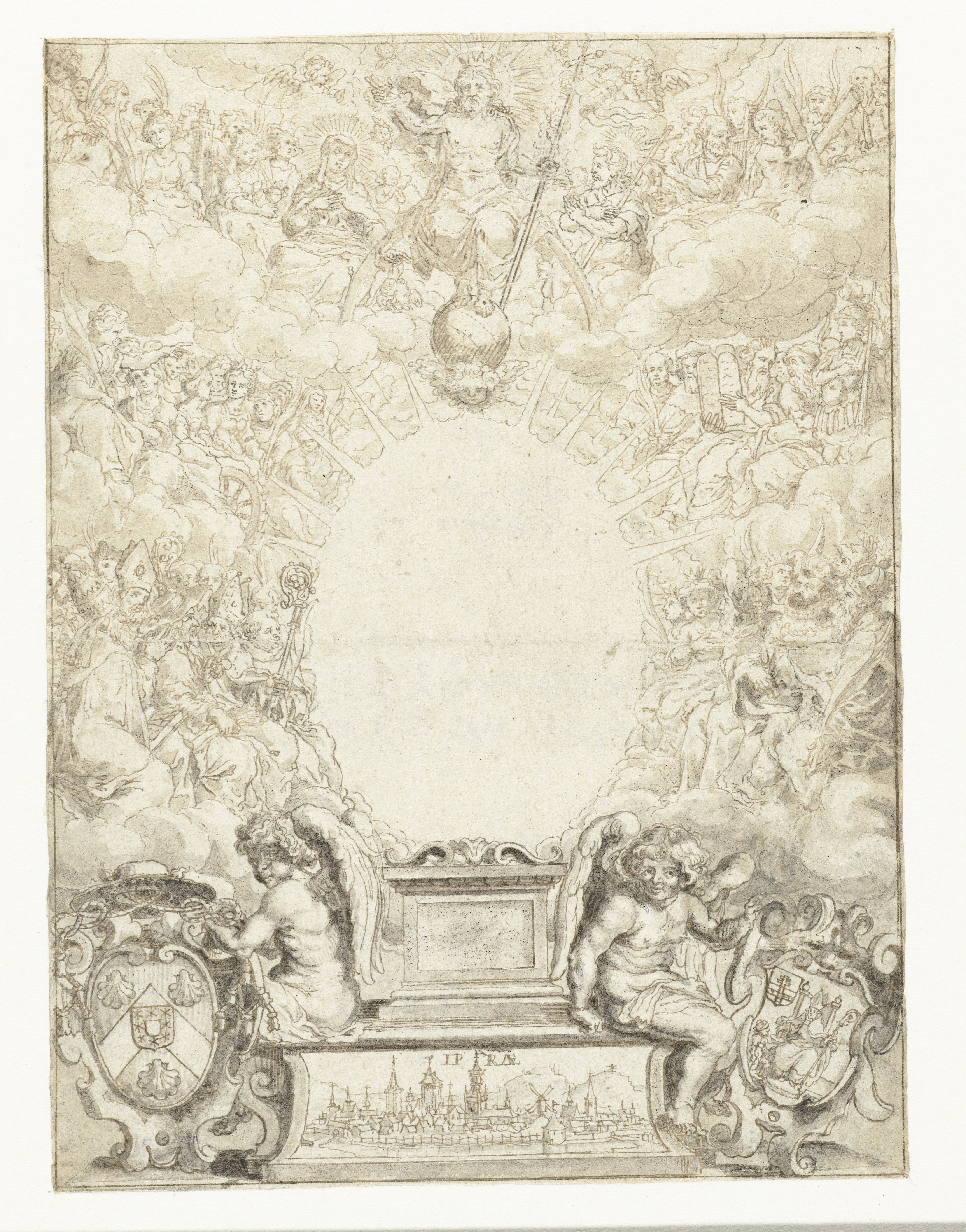 Ontwerp voor titelblad met Christus omringd door figuren