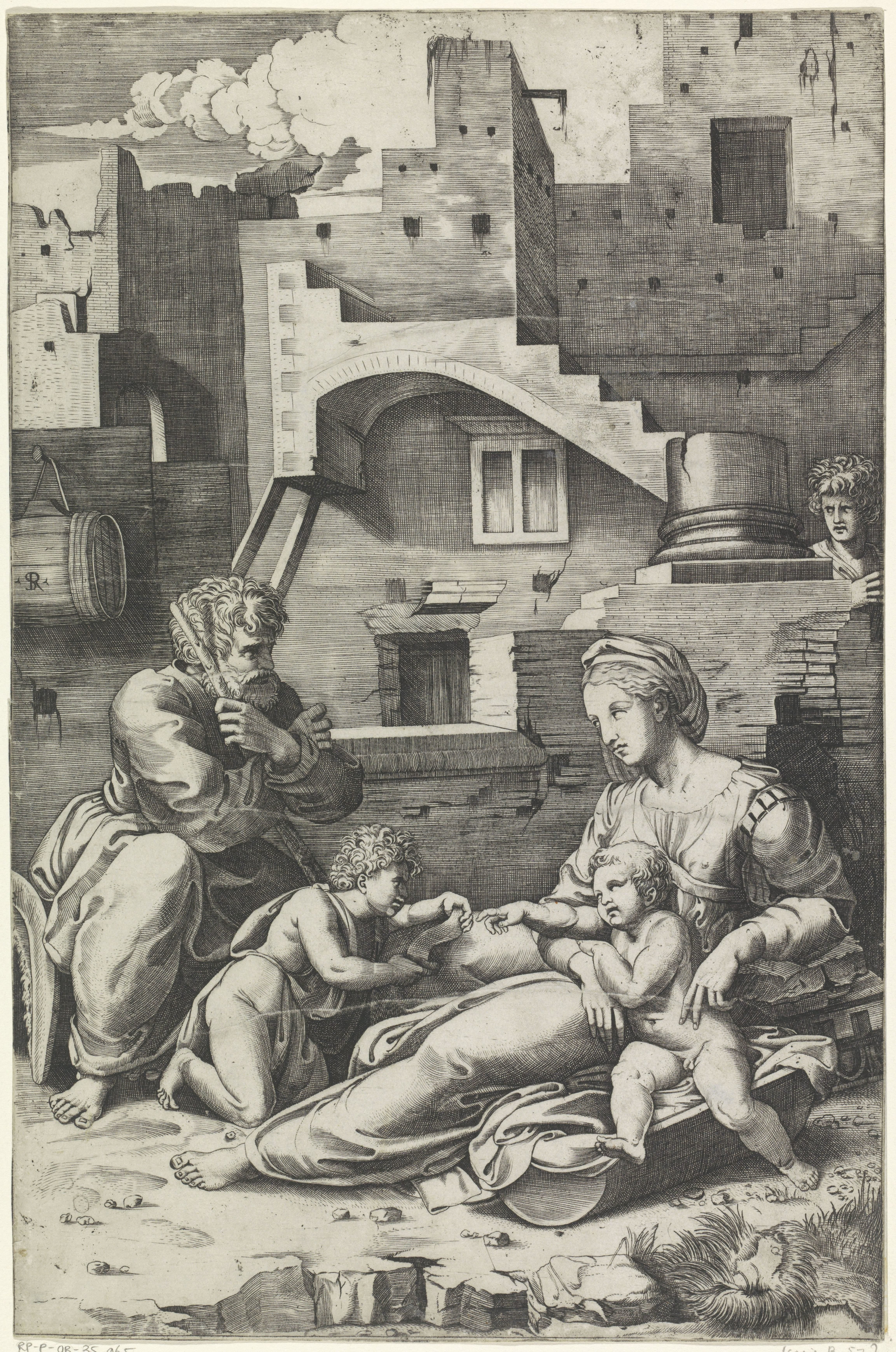 Heilige Familie met de jonge Johannes de Doper voor een vervallen gebouw