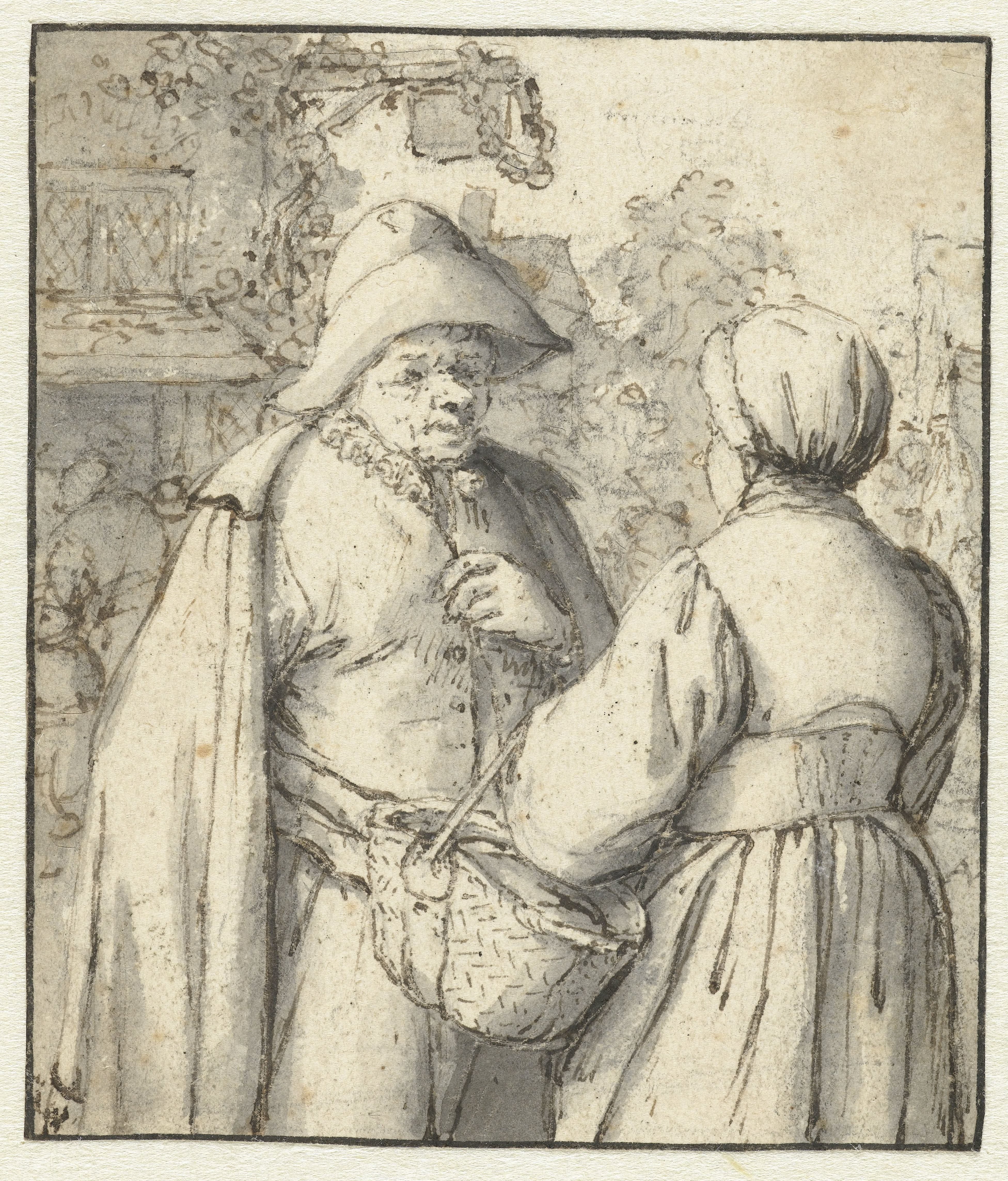 Man and Woman Conversing in Front of an Inn