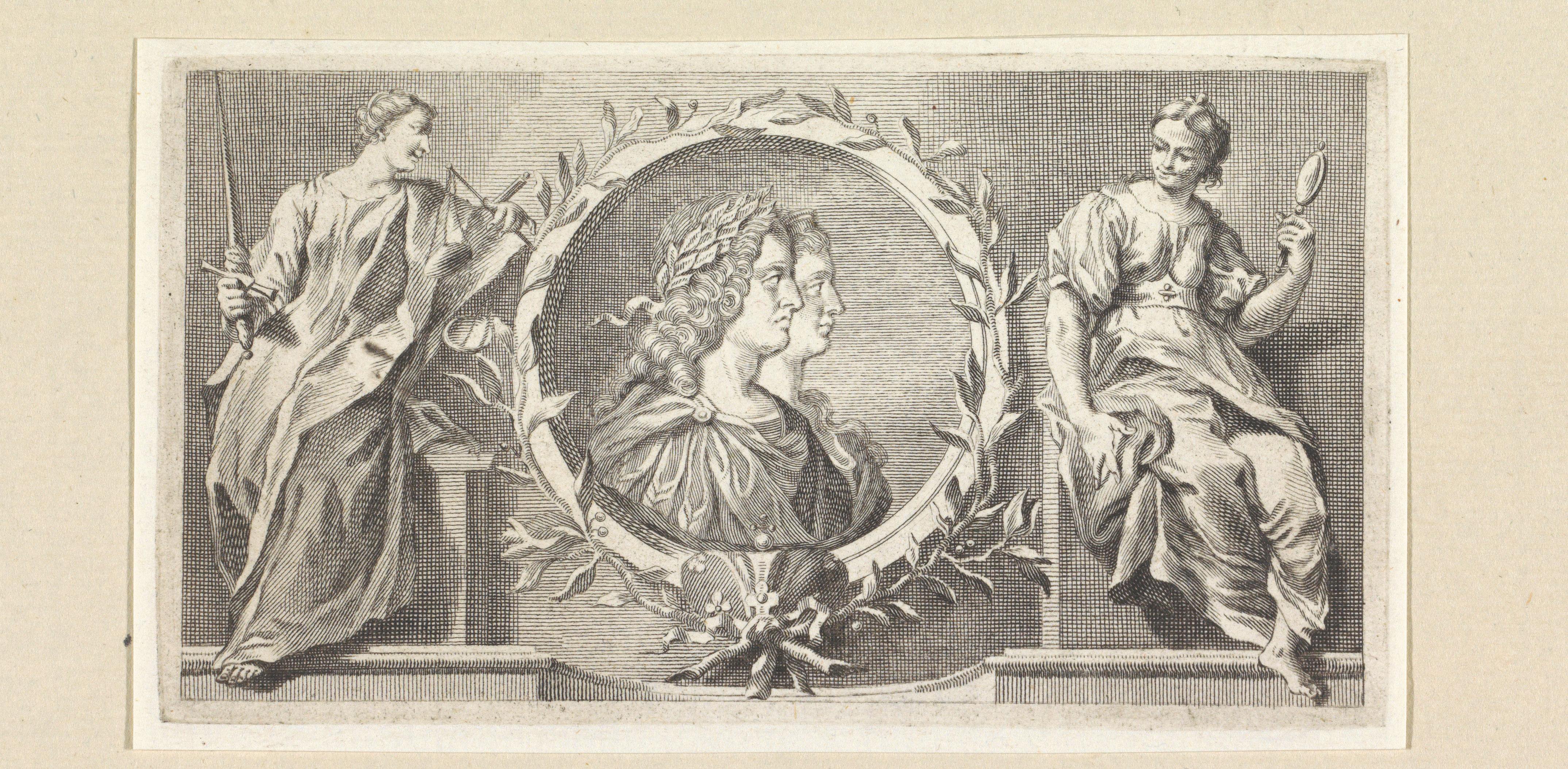 Cartouche met gelauwerde man en vrouw