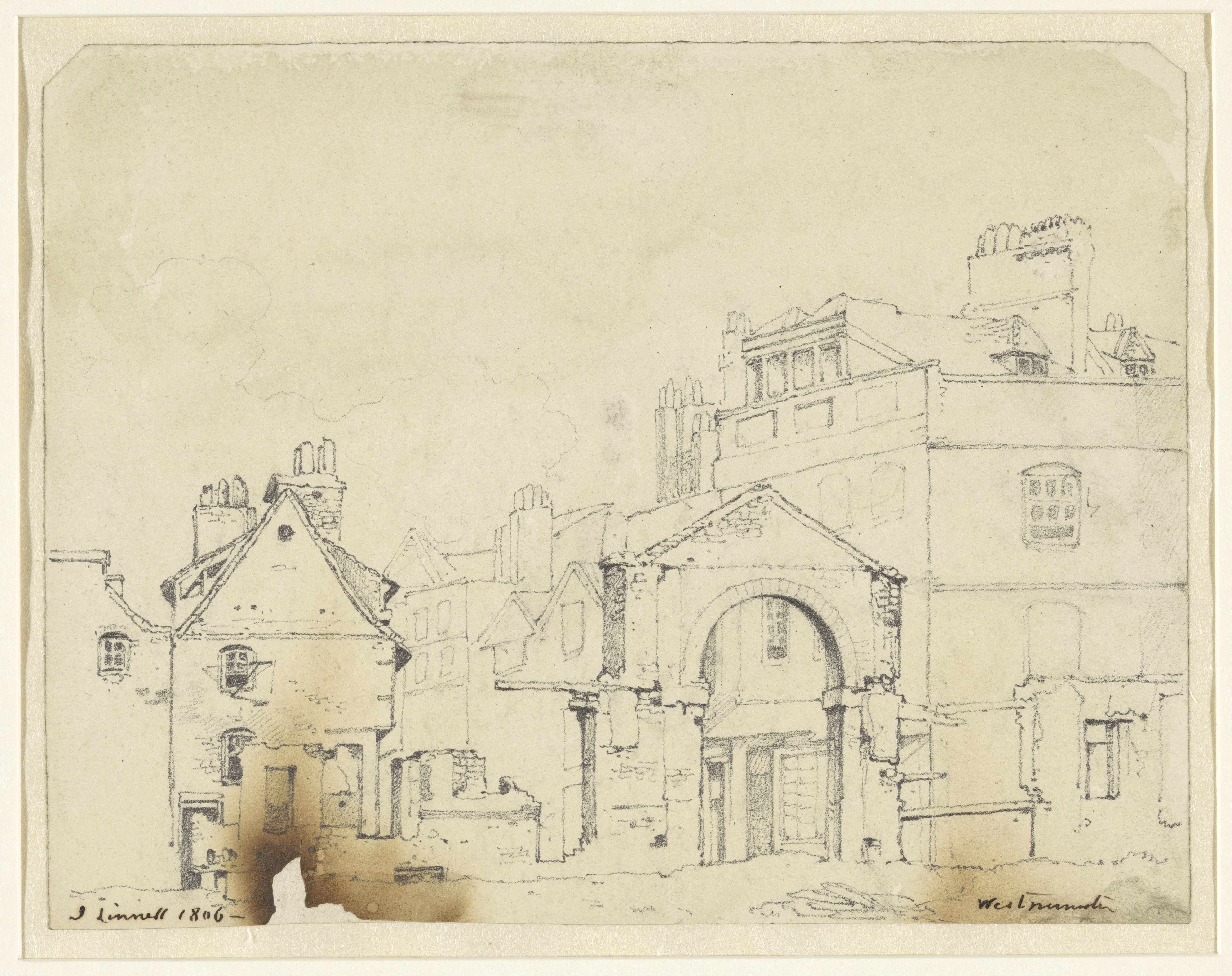 Huizen en een poort in Westminster
