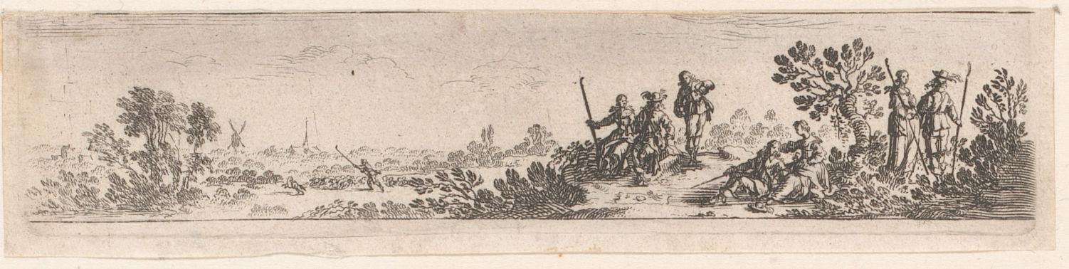 Vignet met reizigers in een landschap