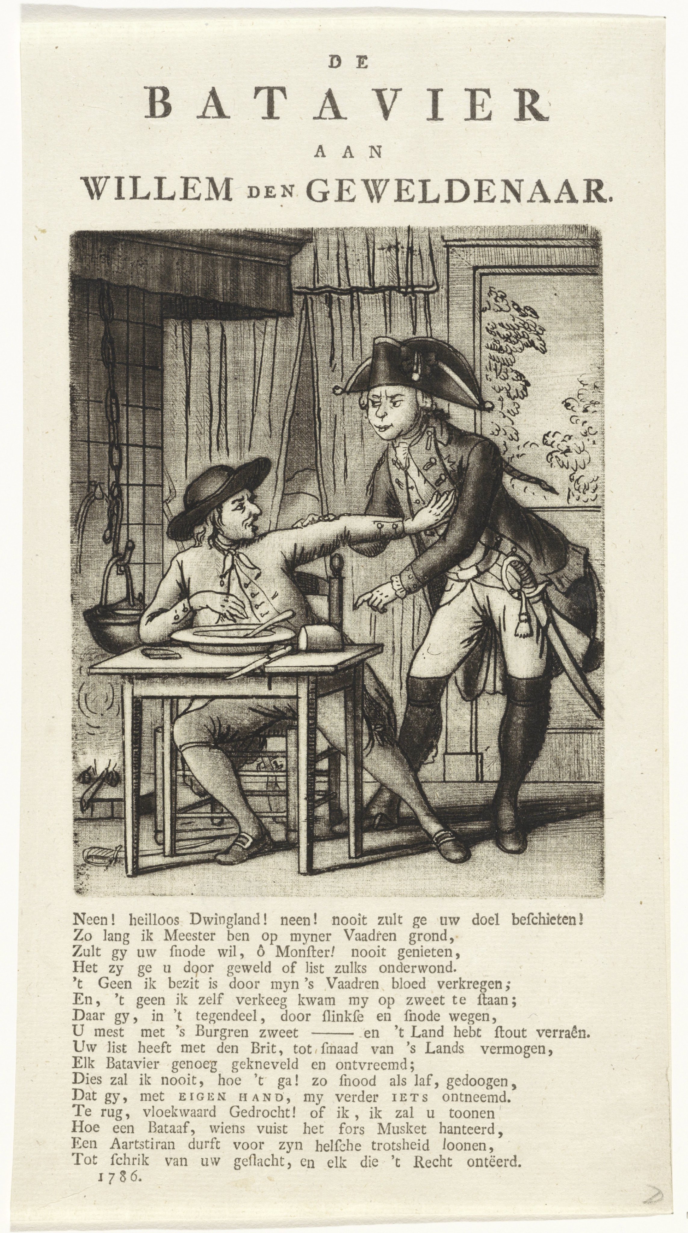 Spotprent op Willem V die een Gelderse boer zijn eten wil afnemen, 1786