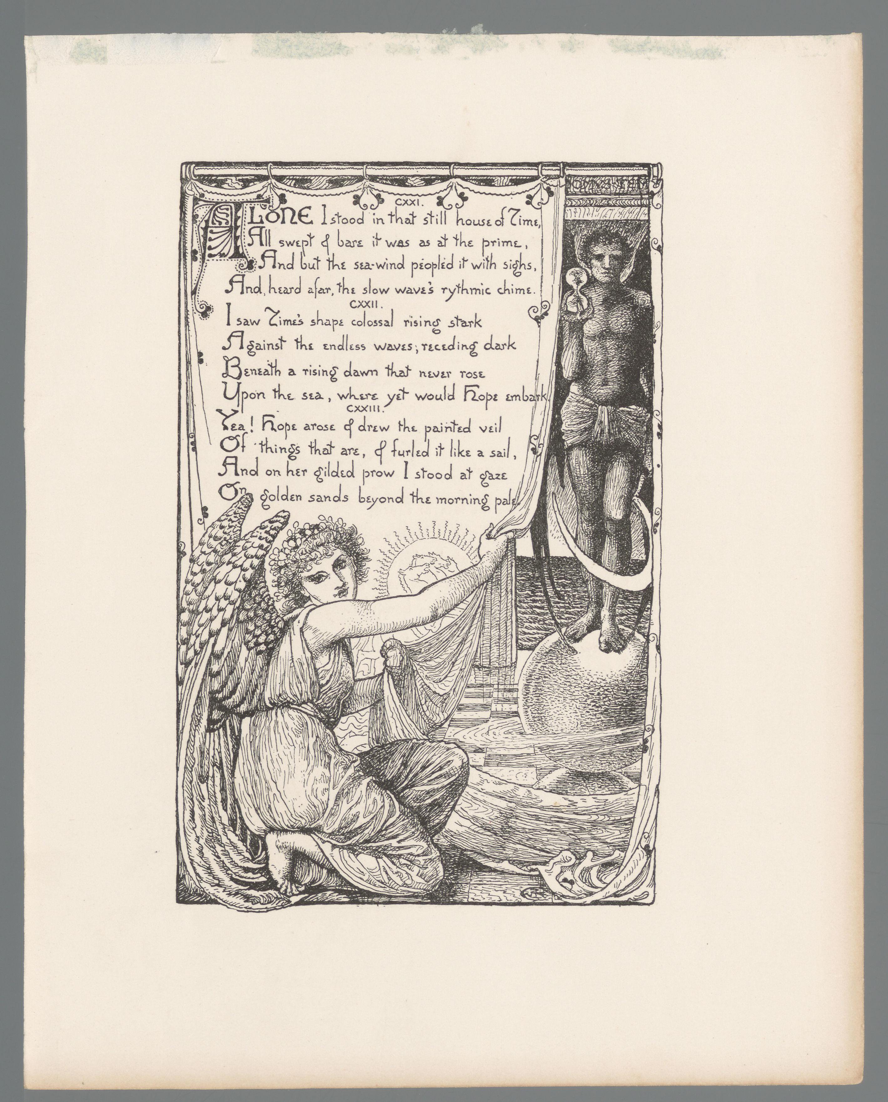 Cartouche met gevleugelde man en vrouw bij een gordijn