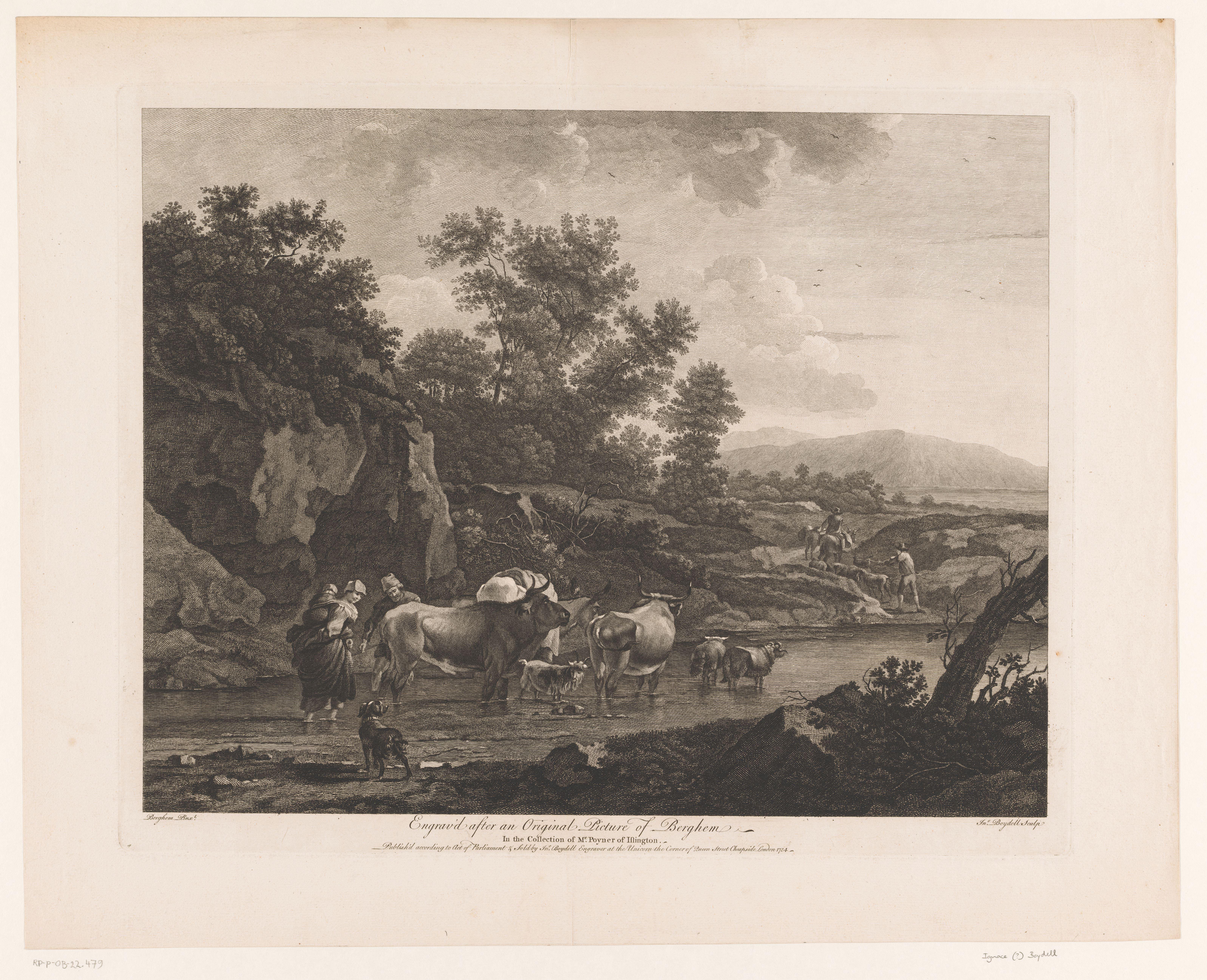 Landschap met herders en vee die door een stroom waden