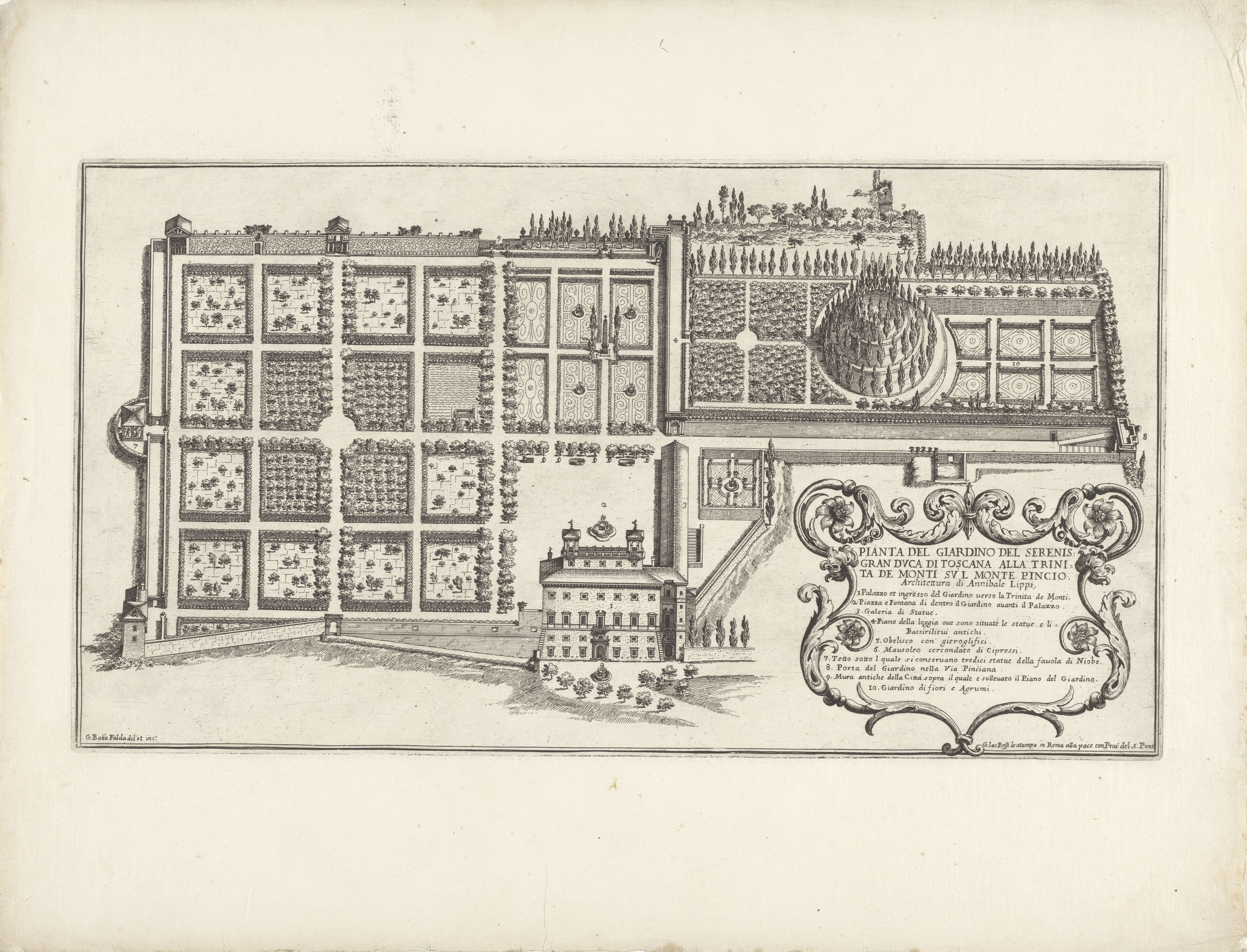 Plattegrond van de tuin van de Villa Medici te Rome