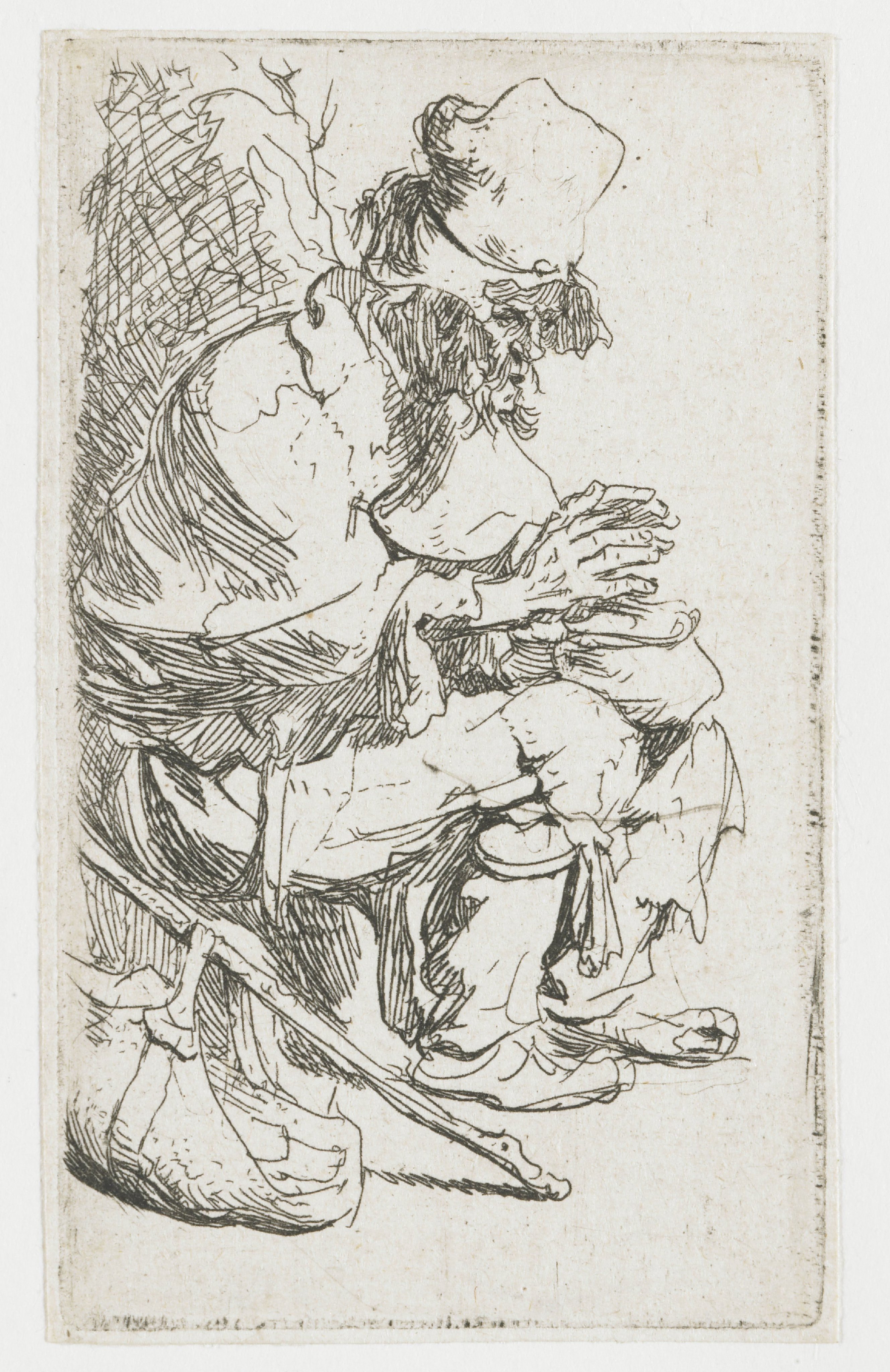 Beggar seated warming his hands at a chafing dish