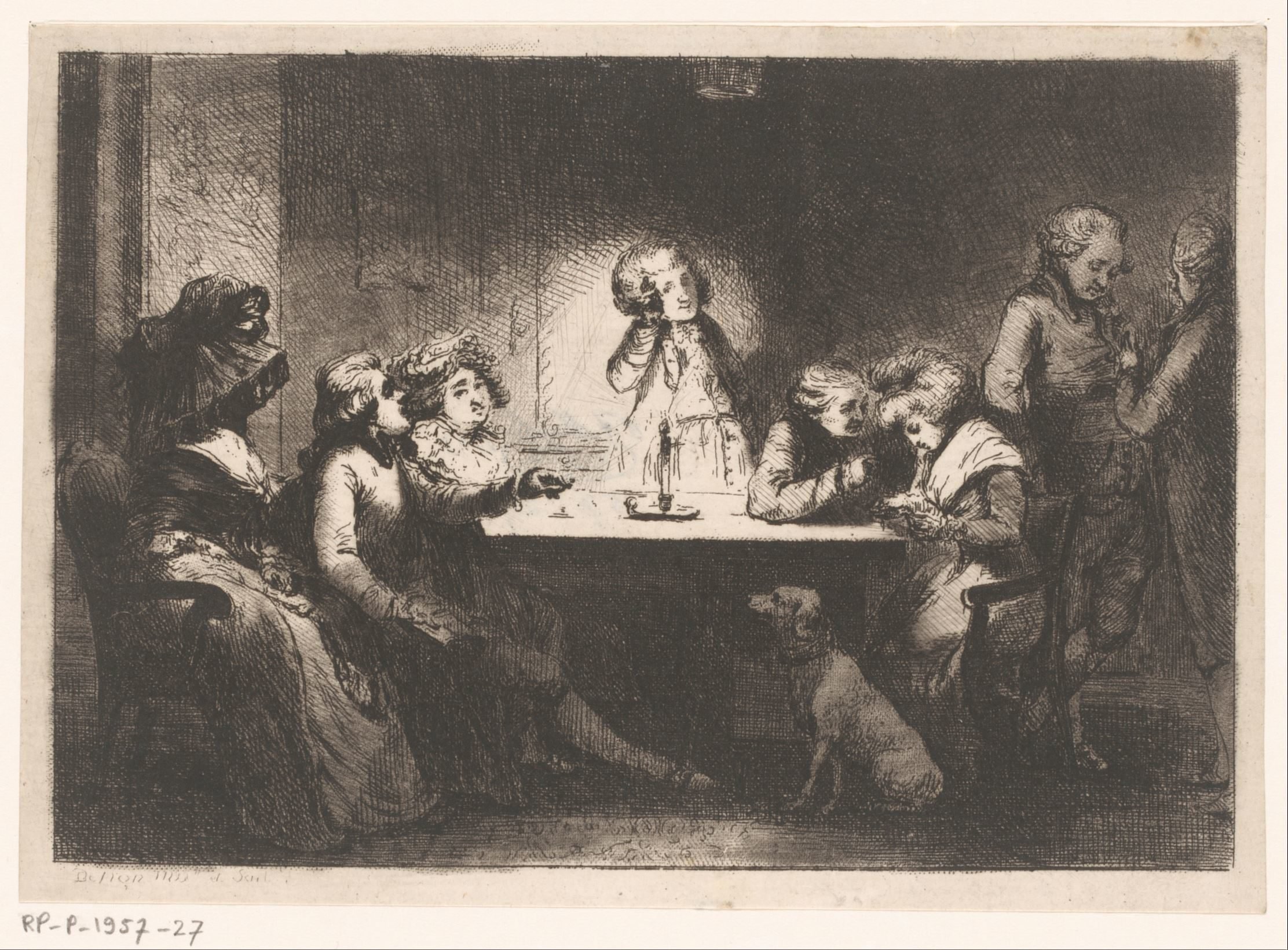 Gezelschap rond een tafel bij kaarslicht