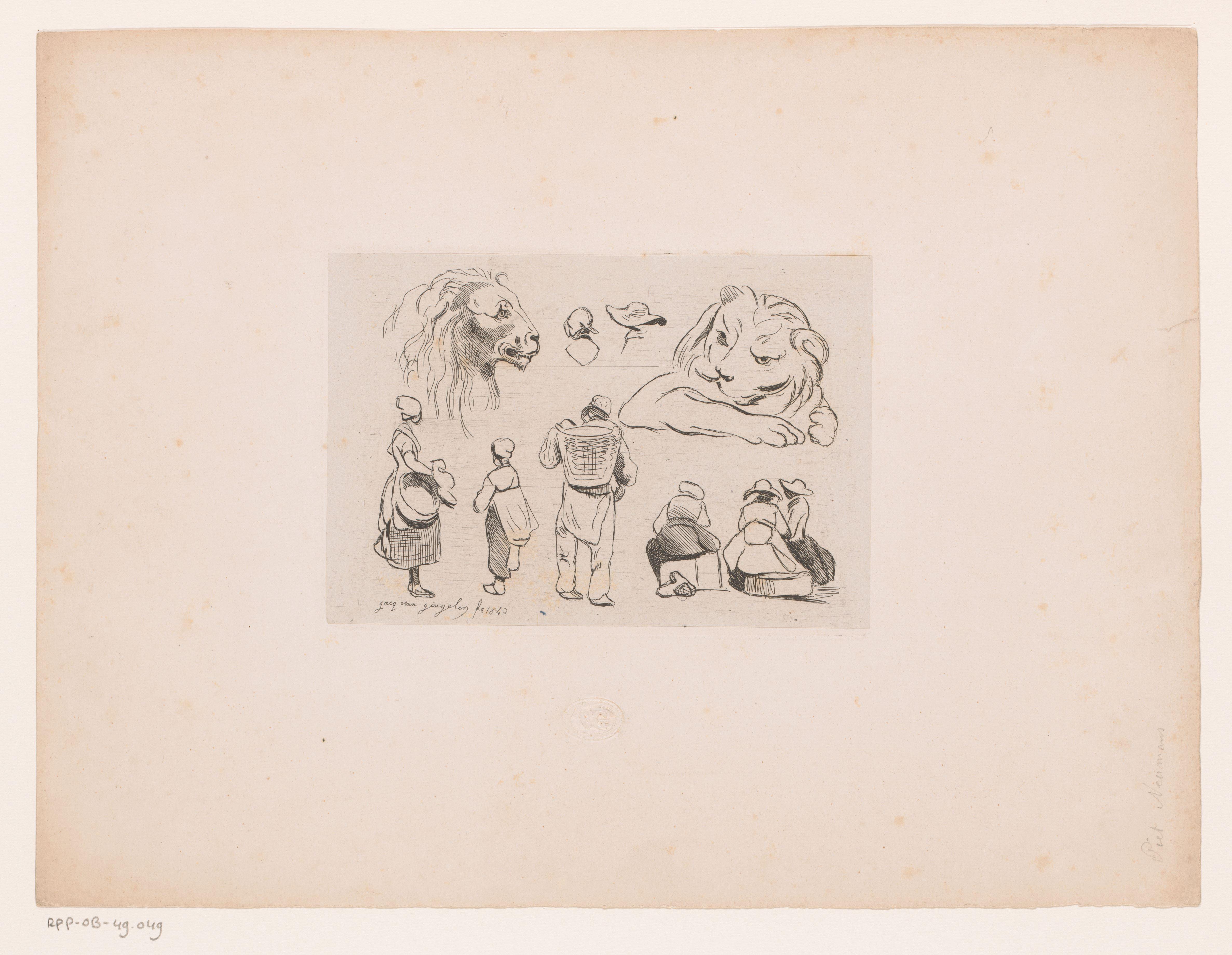 Studie van figuren en twee leeuwenkoppen