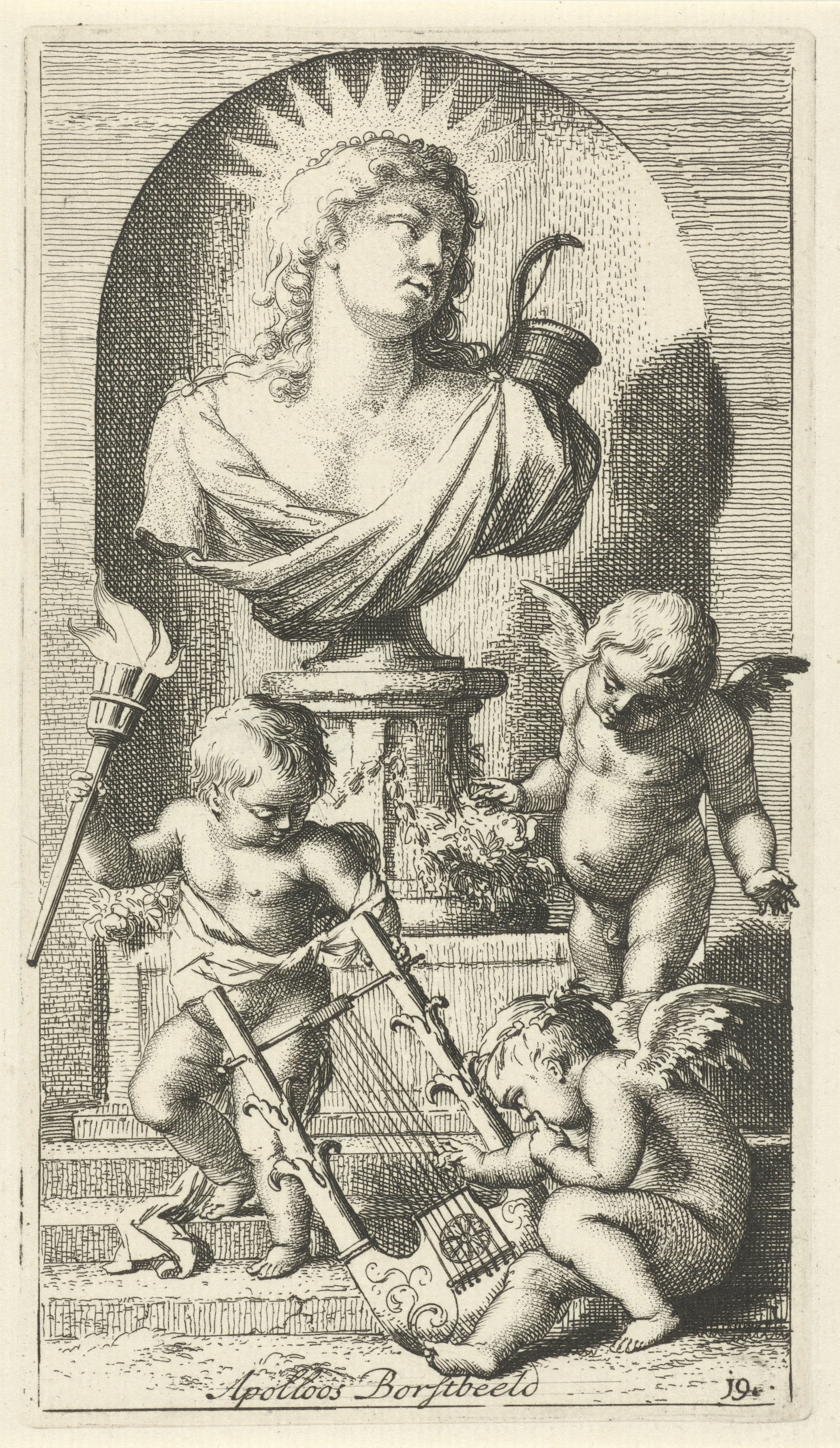 Drie putti bij een borstbeeld van Apollo