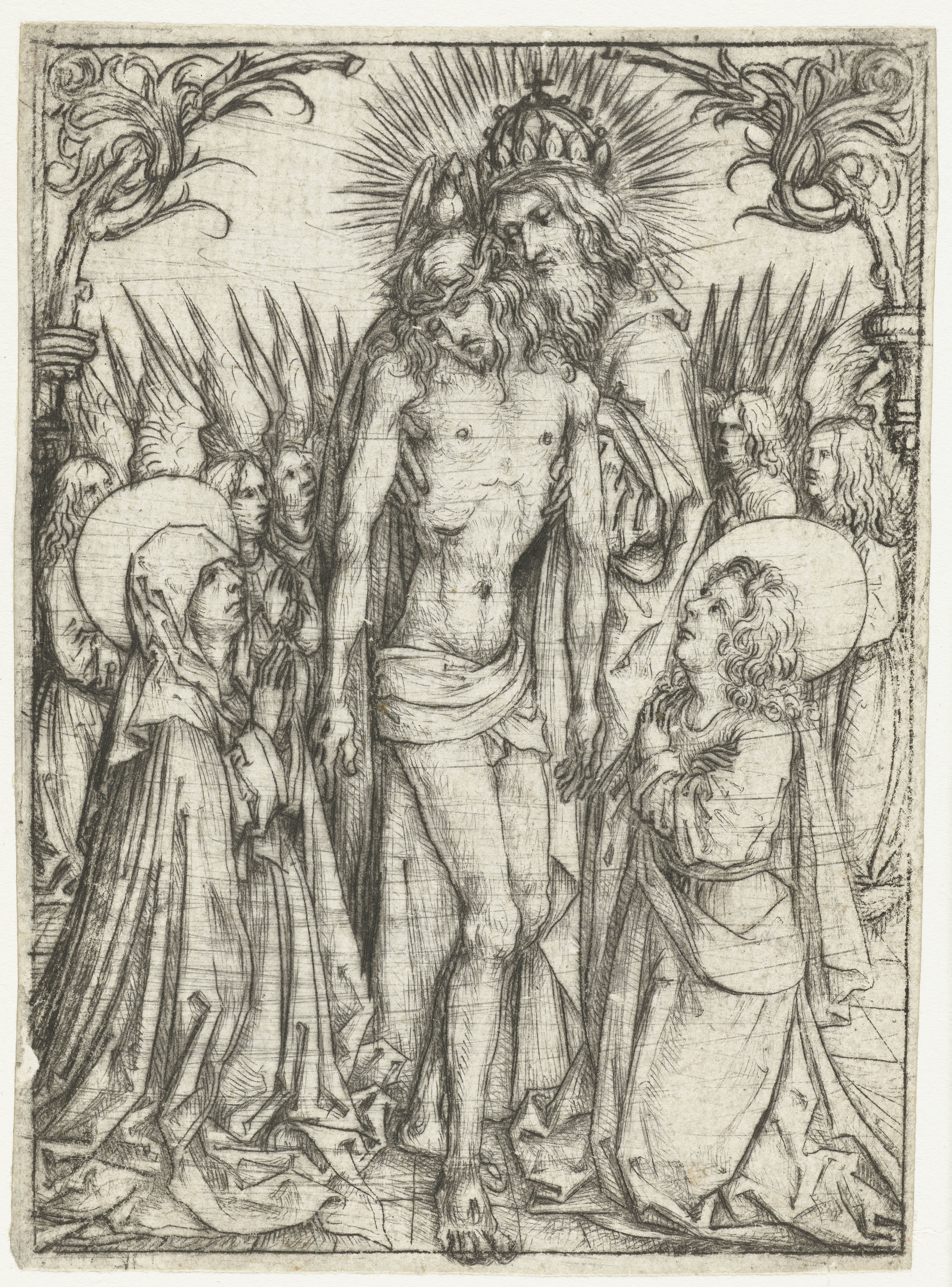 Aanbidding van de Heilige Drieëenheid door Maria, Johannes de Evangelist en engelen