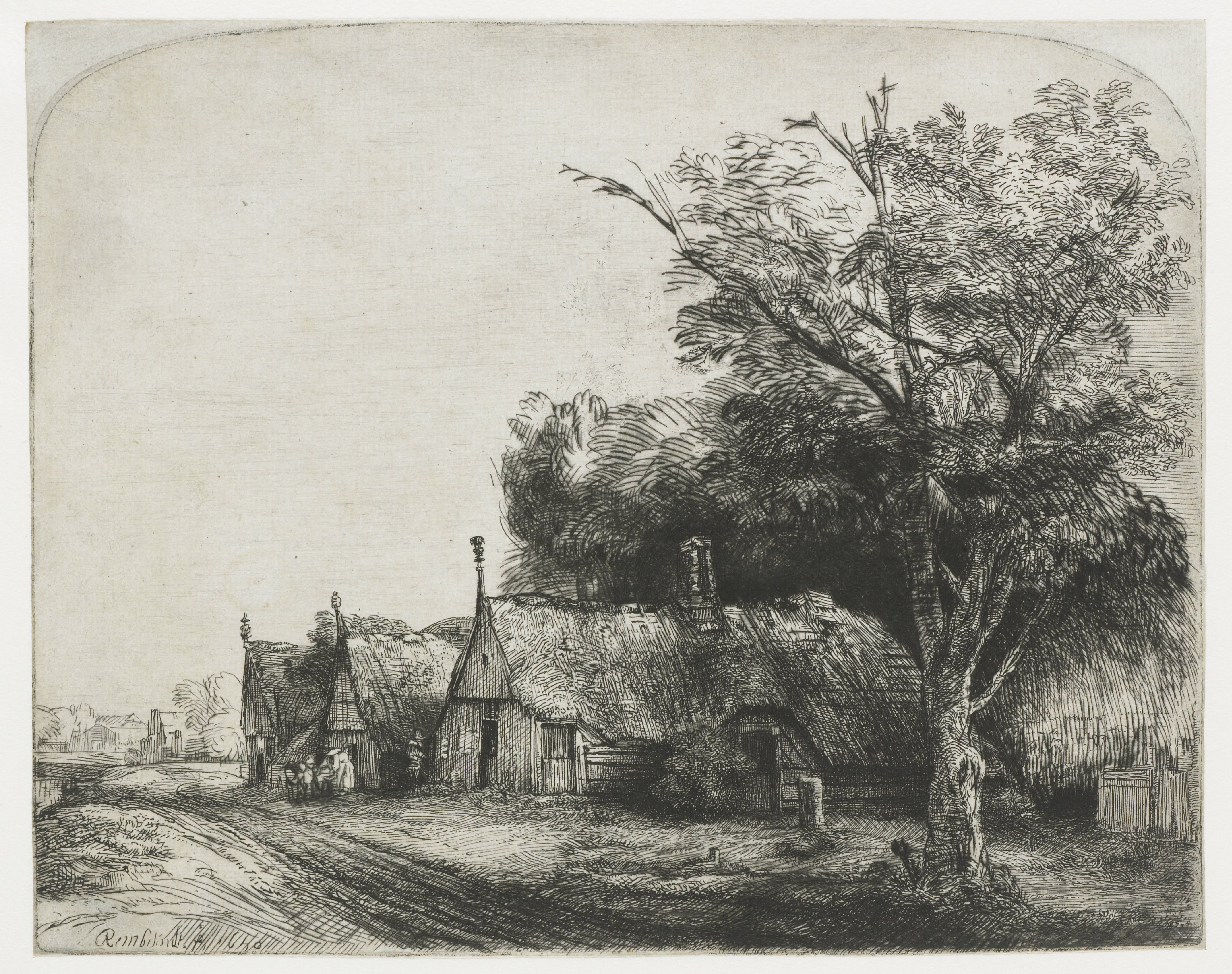 Landscape with three gabled cottages beside a road