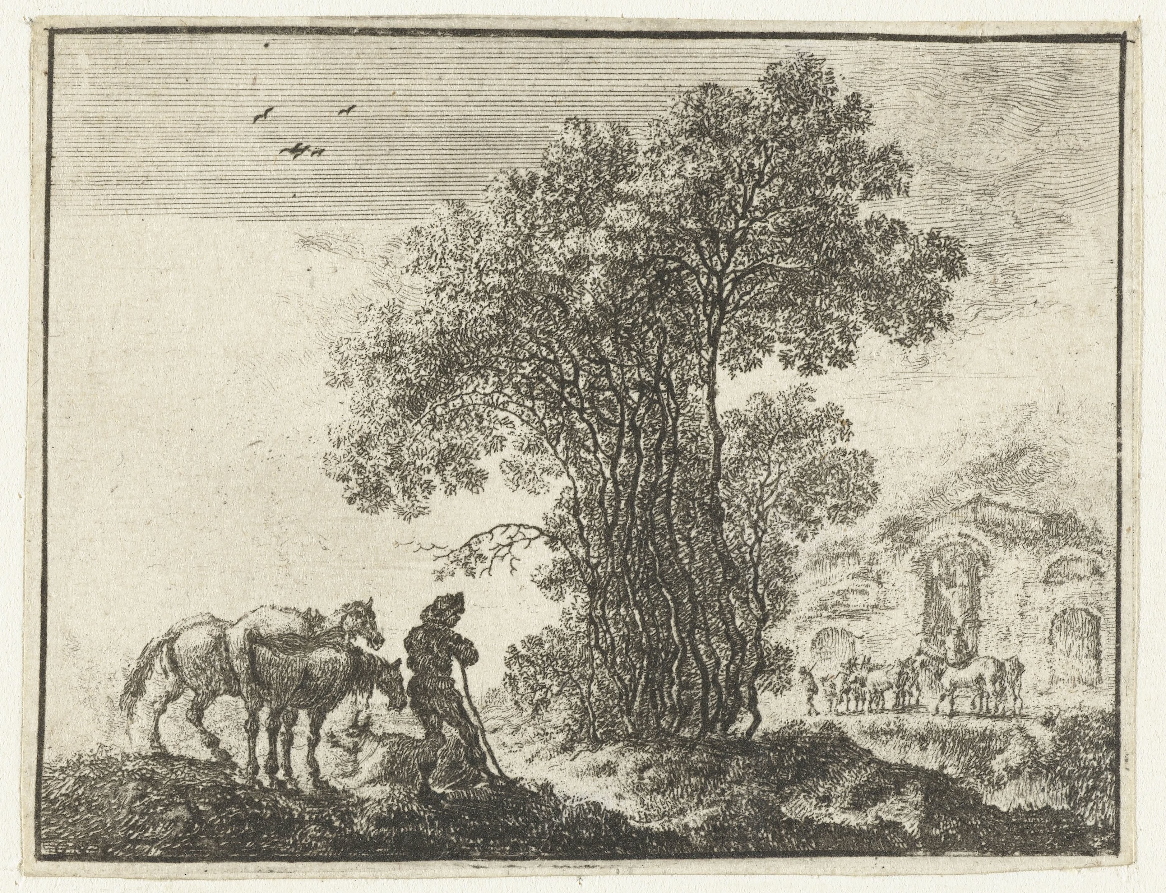 Landschap met een boer en twee paarden