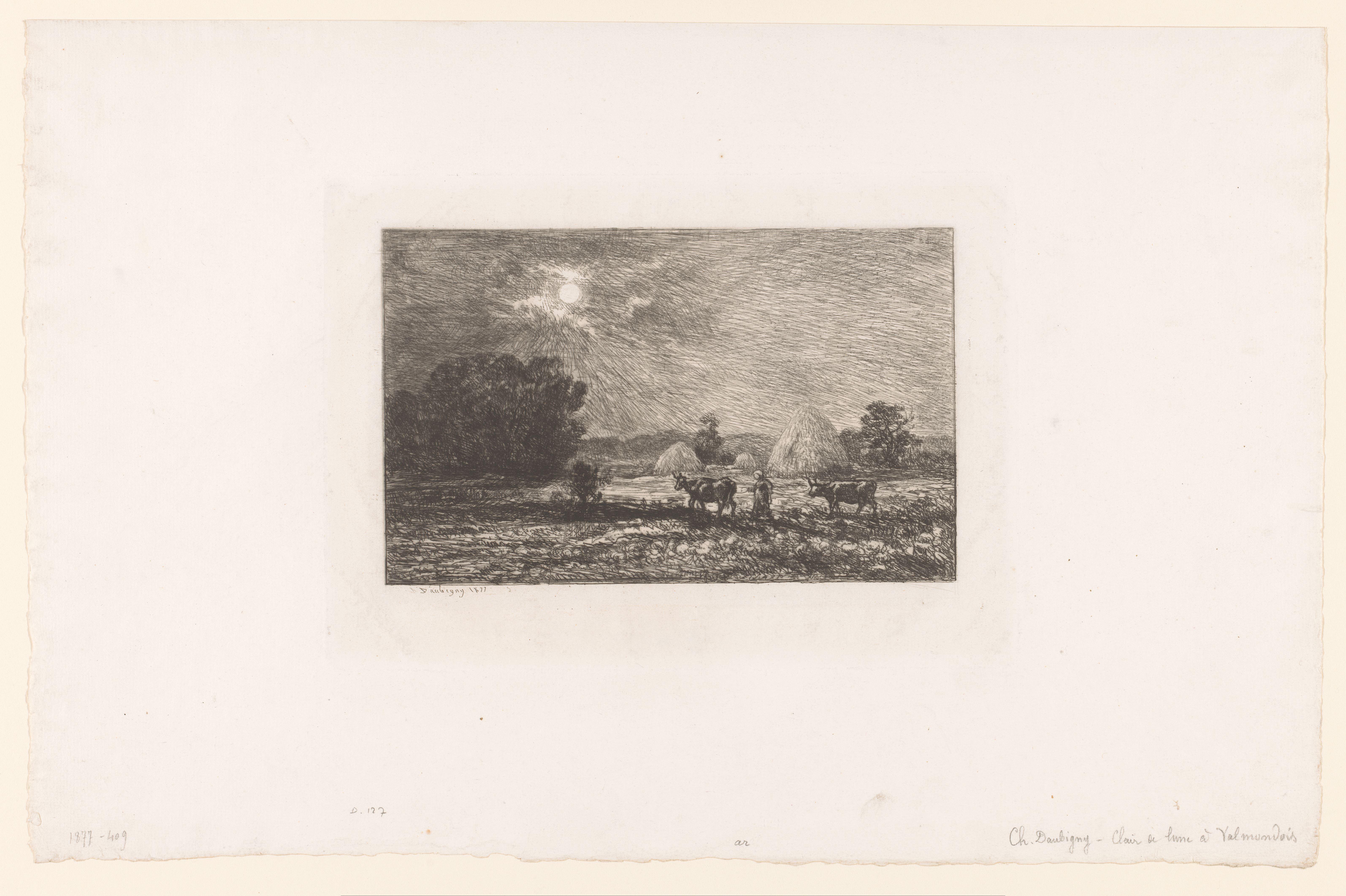 Landschap met koeien en hooibalen in het maanlicht