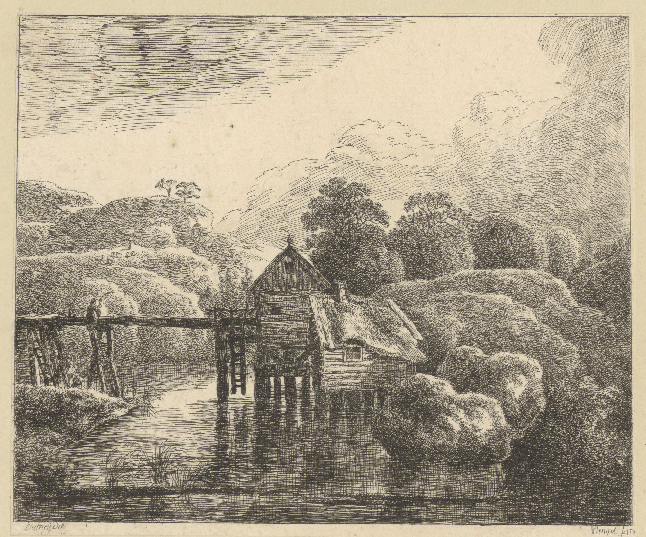 Landschap met huis op palen bij een rivier