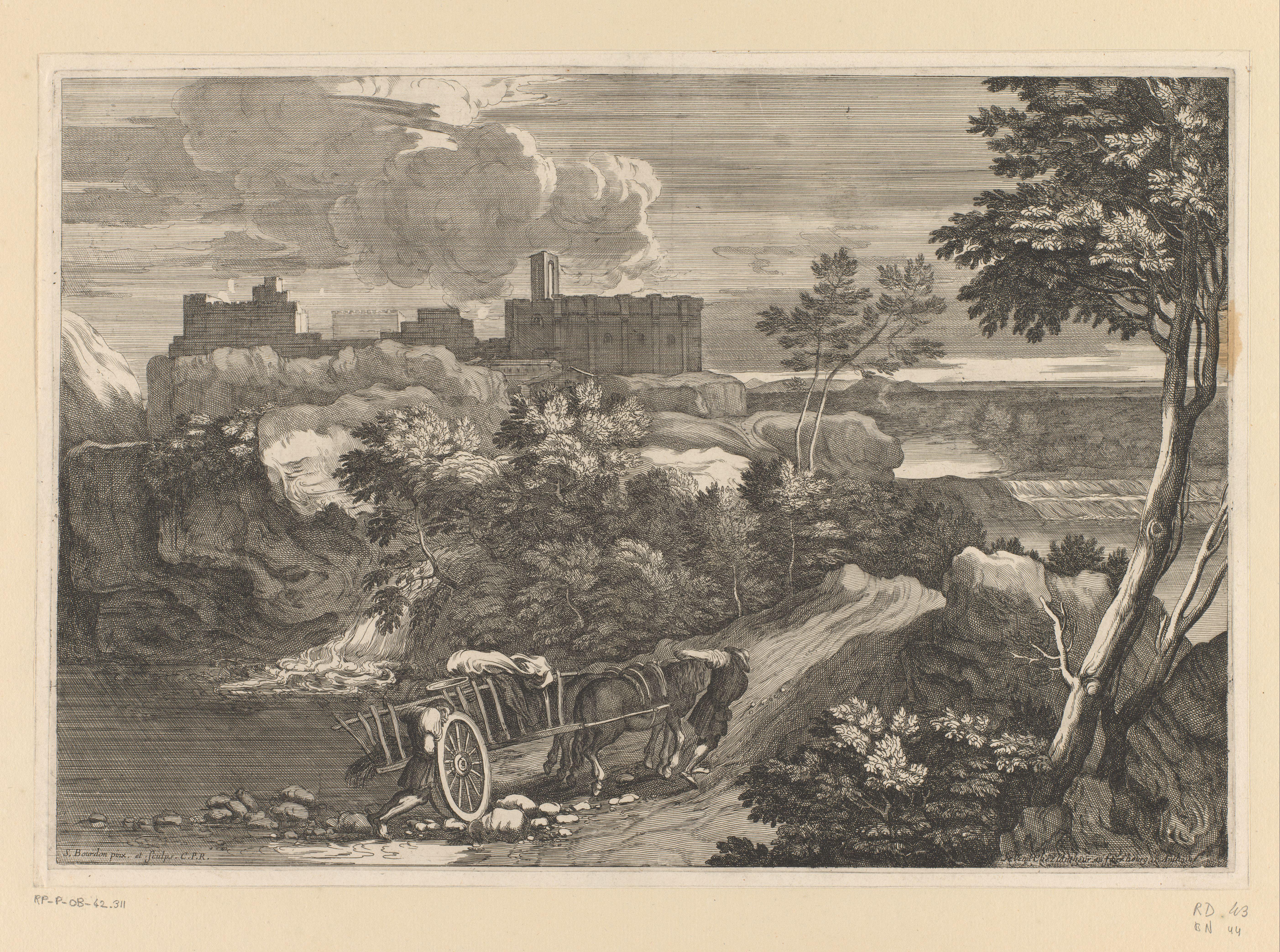 Landschap met twee figuren en een kar op een hellend pad