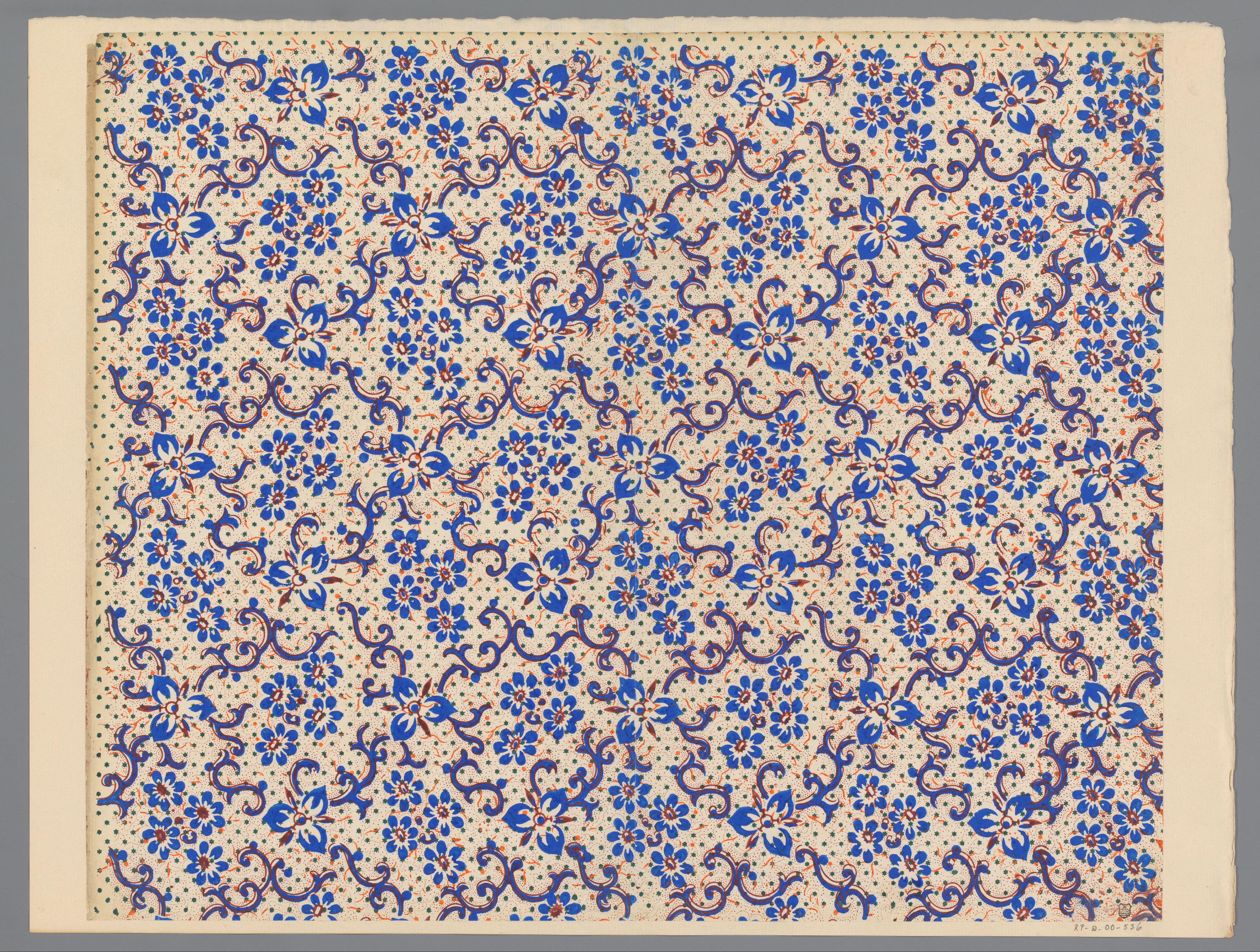 Blad met strooipatroon van bloemen en gestileerde ranken en met puntenfond