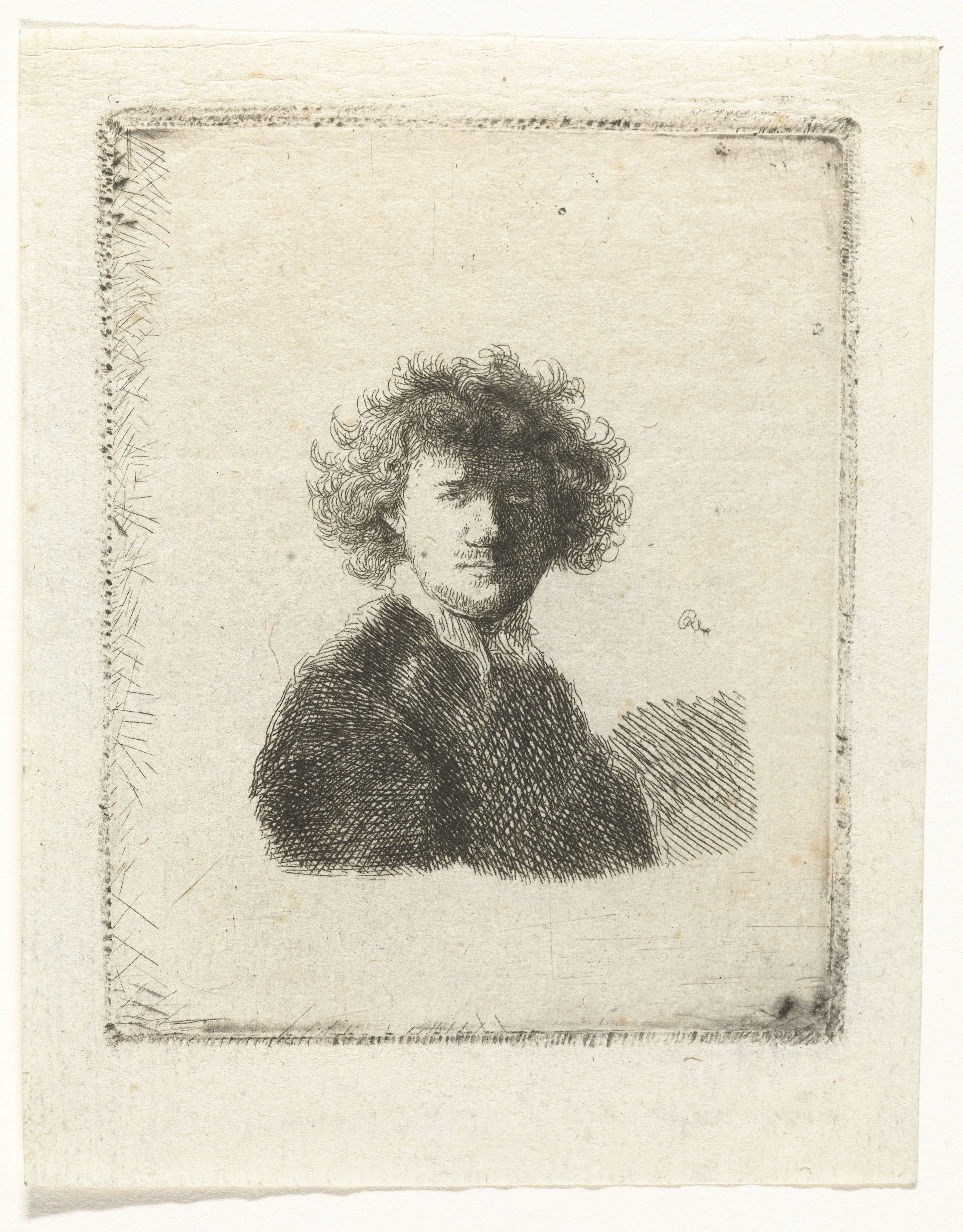 Self-portrait with curly hair and white collar: bust