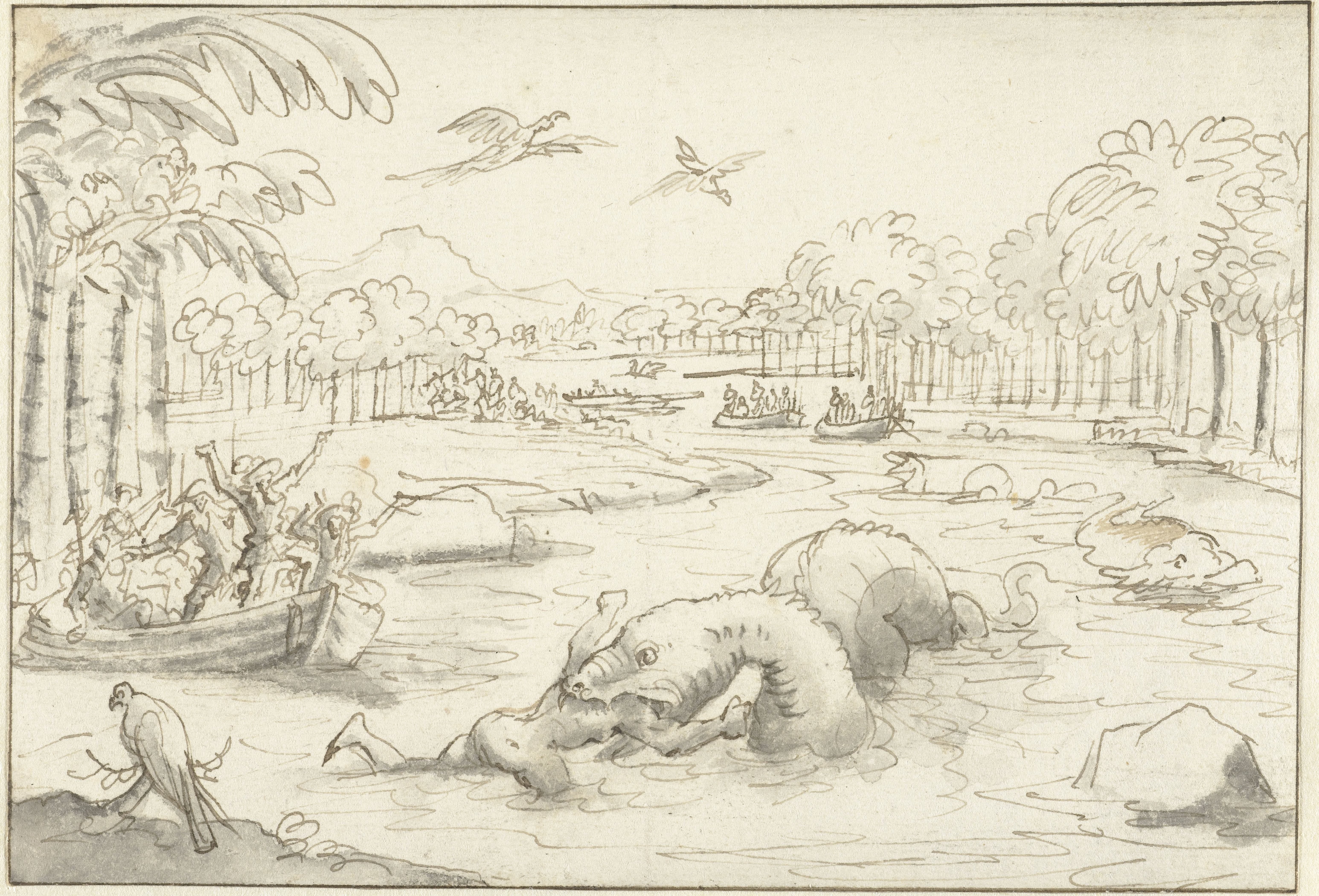Tropisch landschap met een zeeslang die een man verslindt
