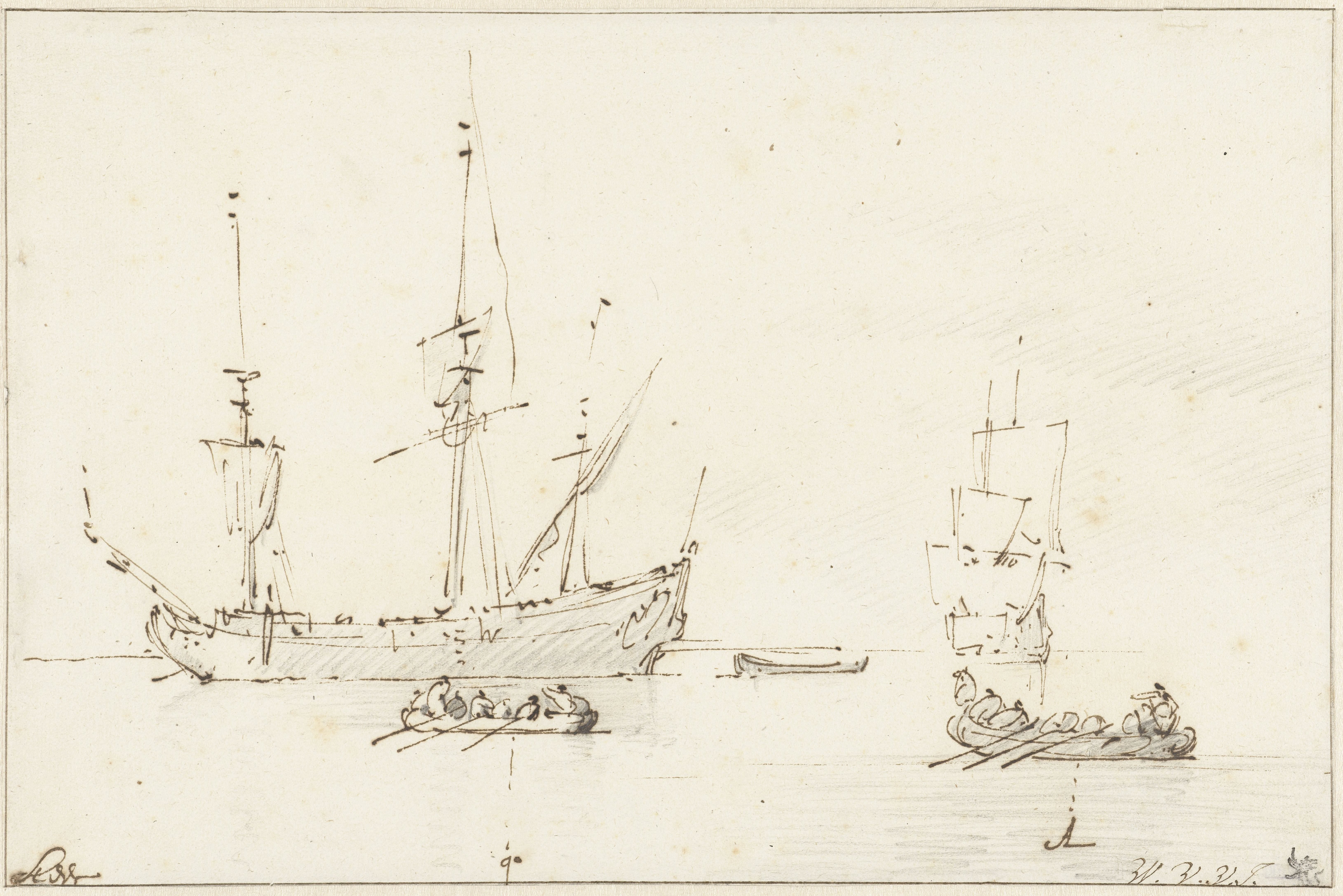 Twee roeiboten varen in de richting van een koopvaardijschip