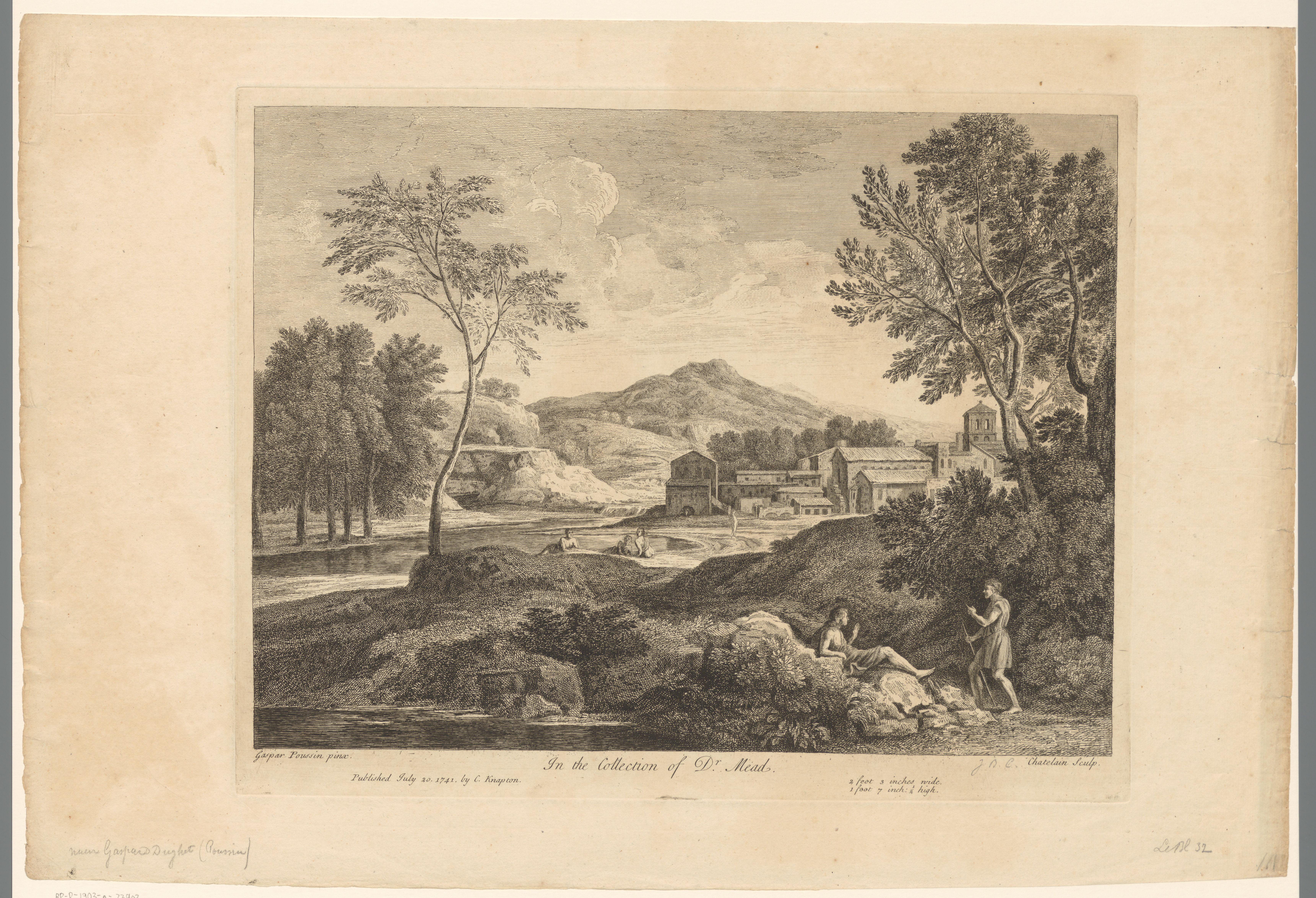 Heuvellandschap met rustende figuren aan de rand van een dorp