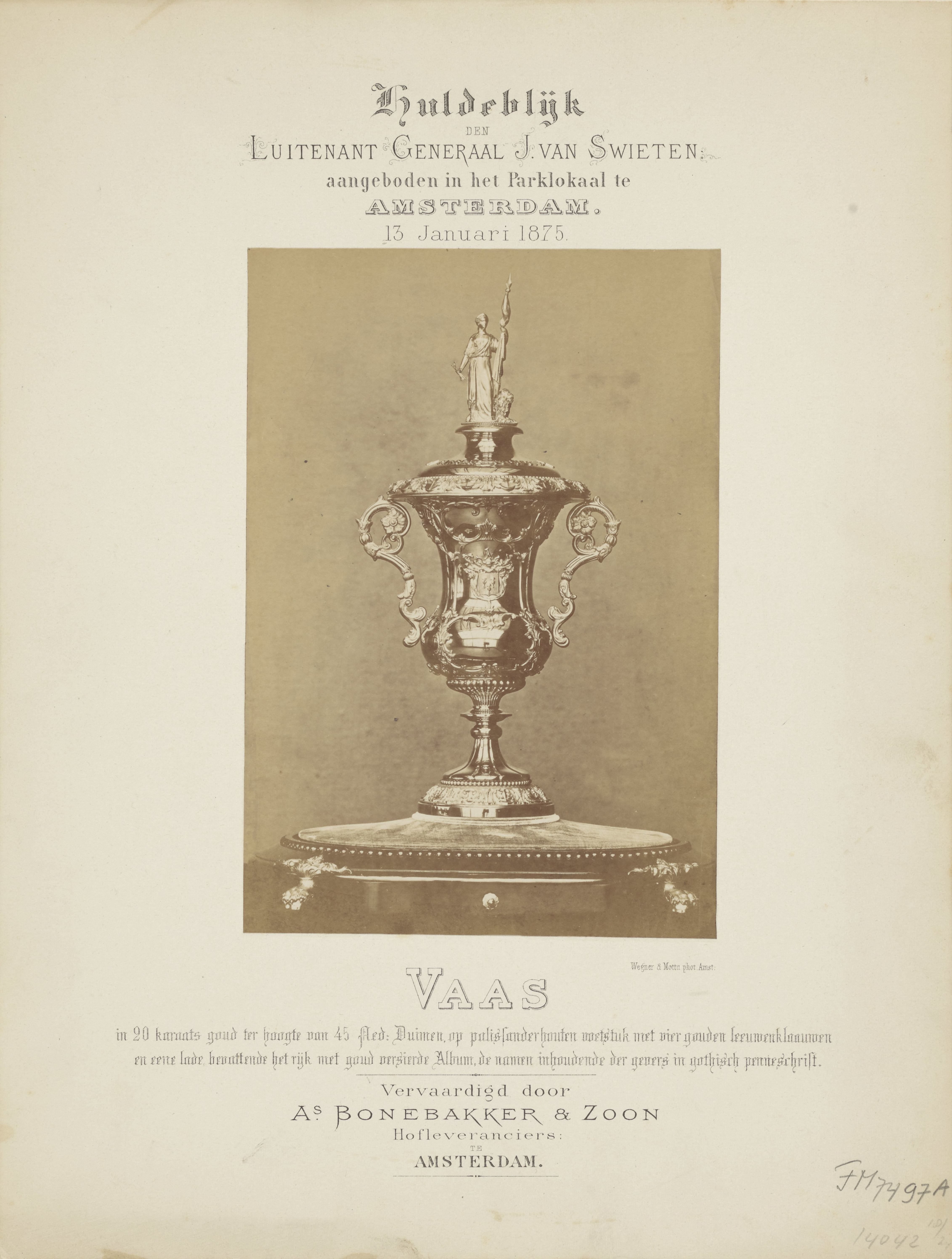 Huldeblijk den Luitenant Generaal J. van Swieten: aangeboden in het Parklokaal te Amsterdam. 13 Januari 1875